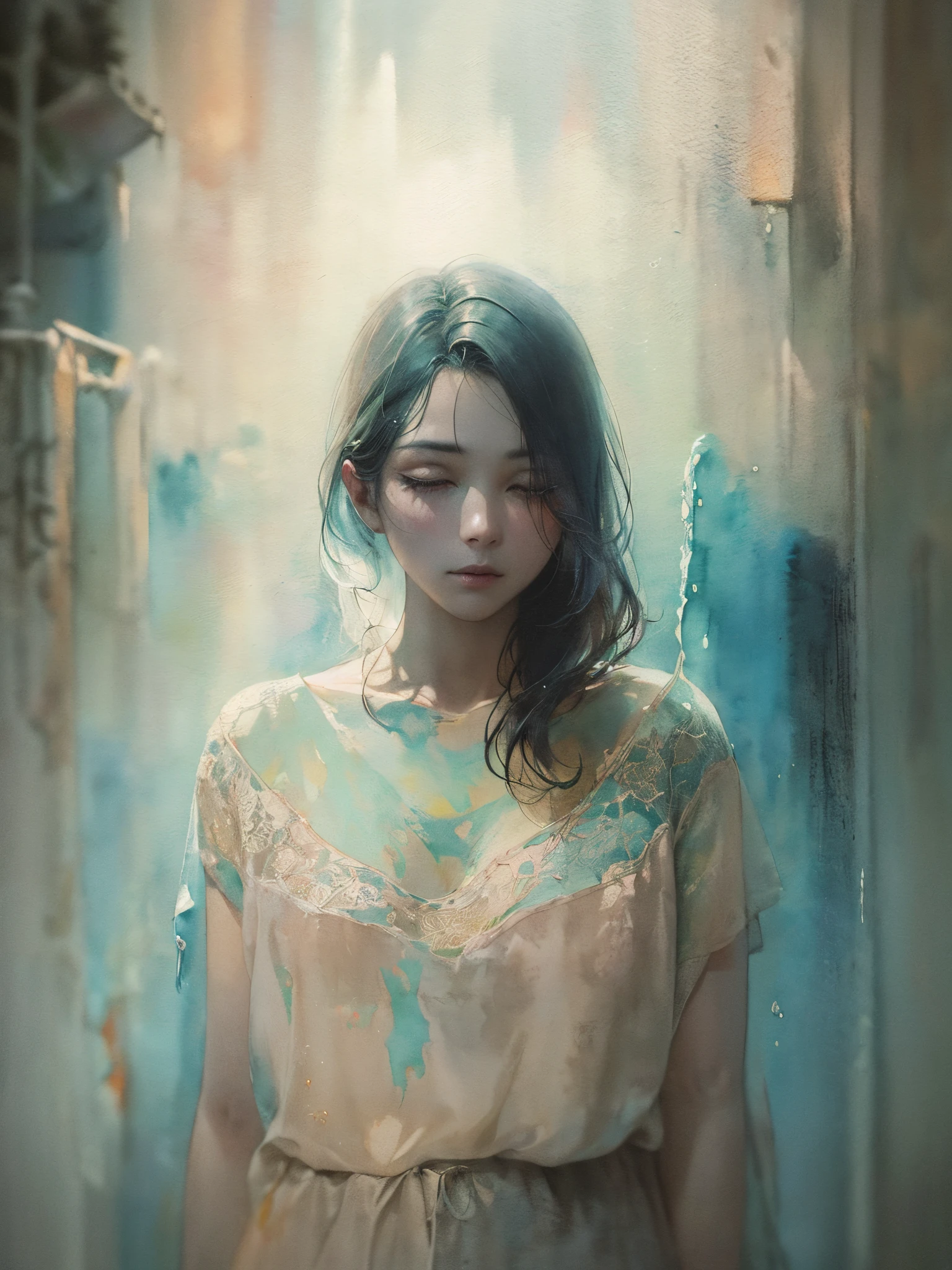 Background: A woman stands in a crowded urban area.(Color pattern:rose fog, dark seagreen )
(Ink on Japanese paper, which tends to bleed easily)(contemporary art like a picture book) (transparent watercolor) (light itself expressed as real) (layers of soft, rich colors) (shades of paint dissolved thinly with water) (deep, delicate colors)