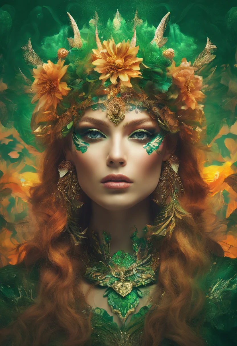 a close up of a woman with a green face and a flower crown, digital art inspired by Hedi Xandt, trending on cg society, fantasy art, closeup fantasy with water magic, ornate cosplay, portrait of mermaid queen, fantasy portrait, beautiful fantasy portrait, portrait of very beautiful elf, detailed matte fantasy portrait, hyperdetailed fantasy character, portrait of mermaid warrior