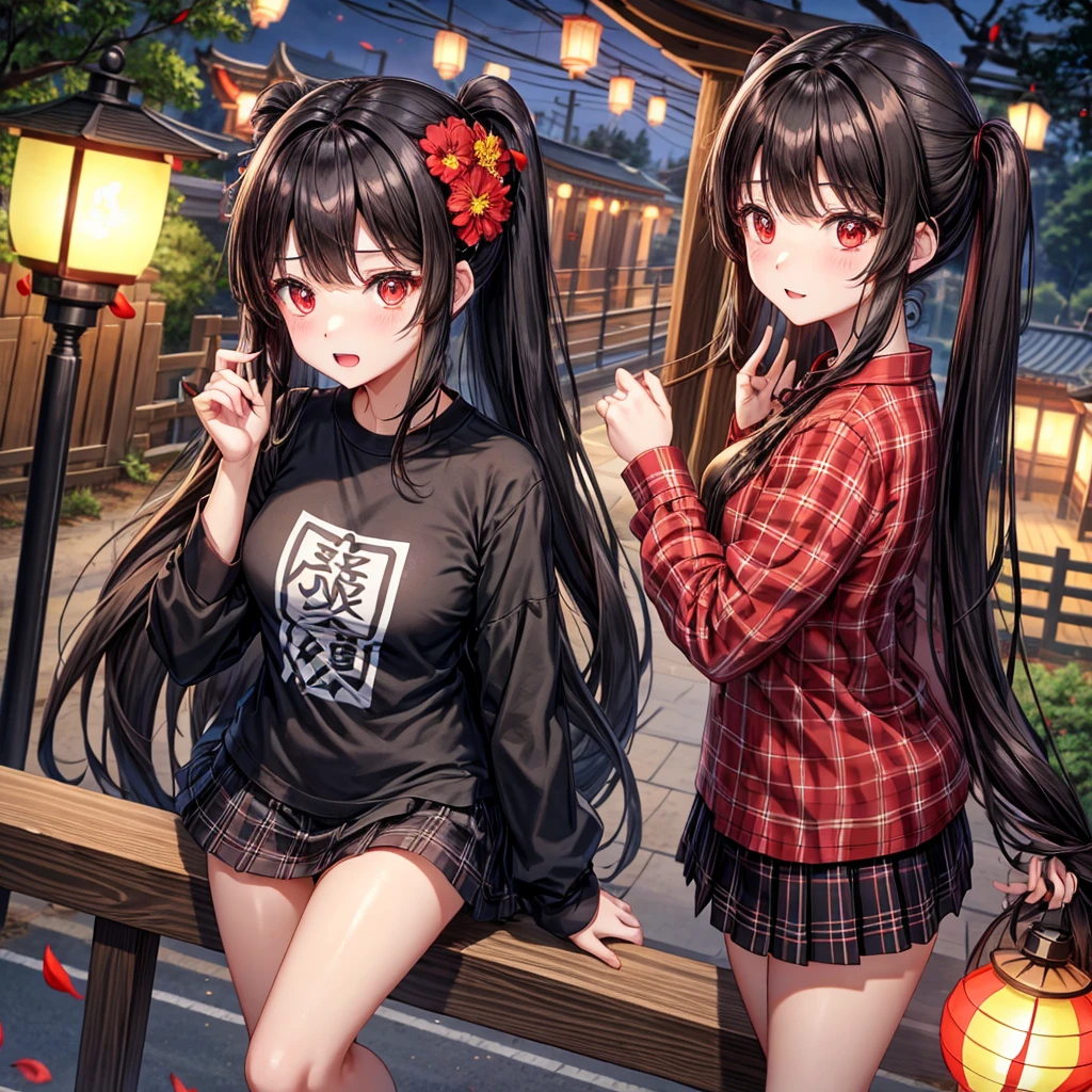 Black brown hair、red eyes、one good looking girl、独奏、animesque、lightly dressed、Plaid miniskirt、flower petals、wetting hair、Black T-shirt、large tree、云、railroad crossing、poneyTail、shrines、lantern