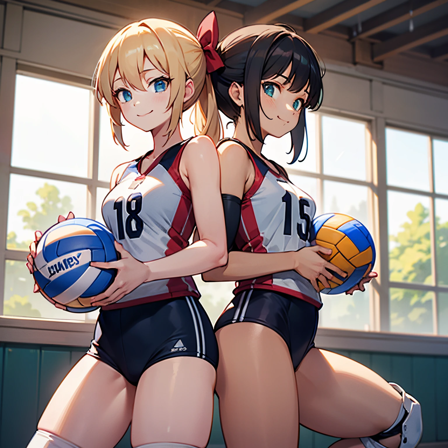 unity 8k wallpaper, anatomically correct, (((masterpiece))), (((best quality))), (((ultra detailed))), (((high-resolution))), ((super fine illustration)), ((Ultimate cutie)), detailed beautiful face, shiny hair, 18 years old, ((potbelly)), (curvy), medium breasts, ((Thick thighs)), sleeveless volleyball uniform, ((buruma)), ((knee pad)), (elbow pad), ((hold volleyball)), ((hold a 6-inch volleyball)), cowboy shot, in volleyball court, in school gymnasium,
BREAK, 2girls_A_and_B, A girl_have_{{blond ponytail}}_{hair bow}_{{happy}}_{smile},
BREAK, B girl_have_{black short hair}_ {hair bow}_{{{smirk}}}