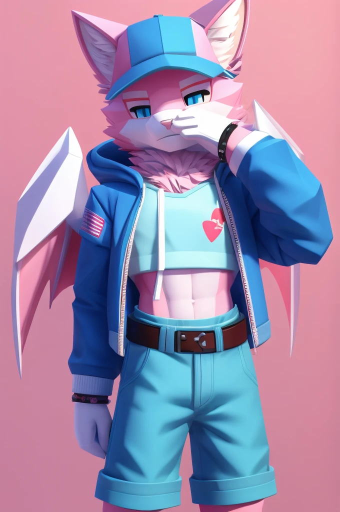 a man with a pink and white dragon wings on the back, wearing a white and blue colored schemed hat with the print saying "Y2K", a low poly render by Kanbun Master, tumblr, furry art, roblox avatar, fursona wearing stylish clothes, white fluffy hair almost covering the eyes, ocean blue colored eyes, white and blue colored headphones with cat ears, white croptop with strawberries as design of the croptop, pink fur with white underbelly, pink fur legs with white paws, , blue jacket tied around the waist, wearing pastel colored bracelets and pink and blue pastel short gloves, male furry mini cute style, oc rendered, generic furry style, high quality topical render, cute render, NSFW