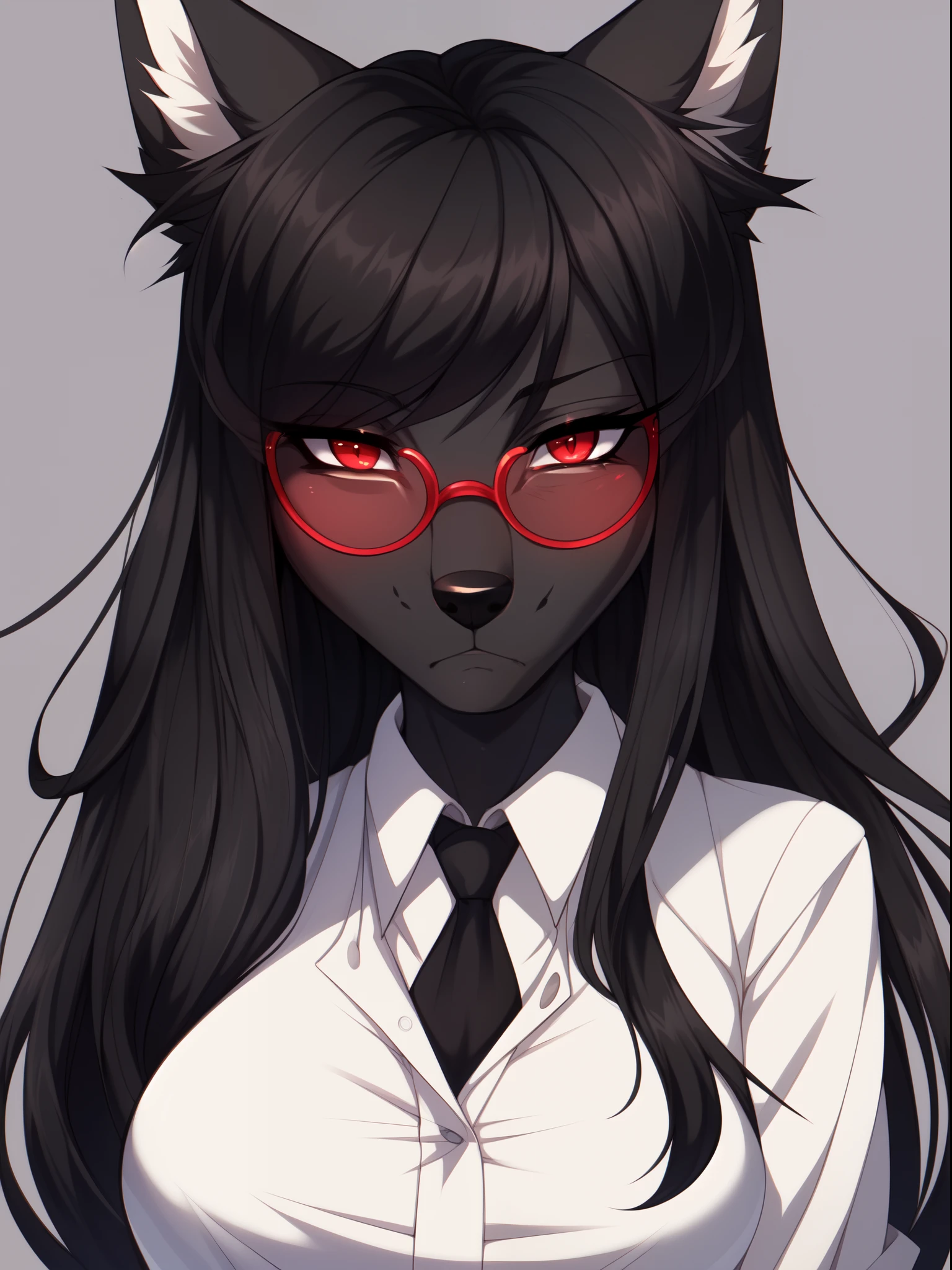 Solo, dark grey wolf, furry, red eyes, black ears, ear fluff, snout, black nose, long black hair, straight bangs, tall, slender, medium breasts, furry body, wearing white collared shirt, by fumiko, by hyattlen, by hioshiru, close up, portrait, detailed eyes, front view, serious expression, elegant brow line glasses