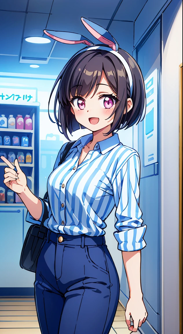 (Cute illustration:1.4),(fuwafuwa illustration:1.3), (pastel color:1.3),(Cute,kawaii,Dolce:1.3), (Dreamy,Fancy:1.2), masutepiece , watercolor paiting, Detailed background,
BREAK,
Beautiful Girl, (17 years old girl), Very detailed, colourfull, highest details, 1 beautiful girl, Solo,(Cute:1.5),(Chibi:0.8), (kawaii:1.5),(Lori:0.5),(girl, Cute, Cheerful, Loli face, slightly bulging chest),(A dark-haired,Disheveled short bob,tareme,Pink eyes:1.55),(sano,A smile,Bad face:1.2), (White rabbit ear headband:1.2),Shiny skin,Clear skin, Beautiful skin,(best quality face),(Top quality glowing eyes),(The best smile,Doya face:1.45),BREAK, (calm and natural smile,Open mouth:1.1)//(Blue and white vertical striped shirt,navy blue chino pants:1.3)//Standing,Showroom,(A convenience store with a modern white interior..:1.3)//From Side,Centered,Waterfall,depth of fields,
BREAK,wakame,wakame,wakame,(Dynamic Angle:1.4),
BREAK,(Blurry background:1.3),(absurderes, hight resolution, Super Detail Art),cel shading,Clear Color, Lonely optical effect, Beautiful pictures, Bright glow, mystic atmosphere,(Close-up of girl:1.1), Mystical light particle effect,manga influence, clean line drawings,
