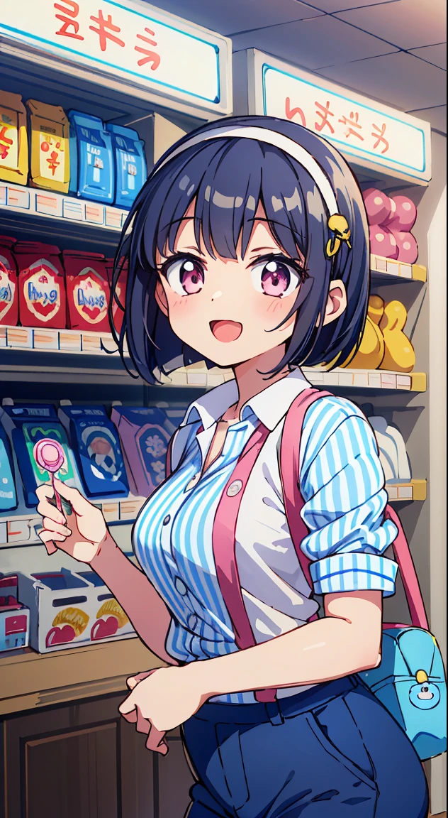 (Cute illustration:1.4),(fuwafuwa illustration:1.3), (pastel color:1.3),(Cute,kawaii,Dolce:1.3), (Dreamy,Fancy:1.2), masutepiece , watercolor paiting, Detailed background, 
BREAK,



 Beautiful Girl, (17 years old girl), Very detailed, colourfull, highest details, 1 beautiful girl, Solo,(Cute:1.5),(Chibi:0.8), (kawaii:1.5),(Lori:0.5),(girl, Cute, Cheerful, Loli face, slightly bulging chest),(A dark-haired,Disheveled short bob,tareme,Pink eyes:1.55),(sano,A smile,Bad face:1.2), (White rabbit ear headband:1.2),Shiny skin,Clear skin, Beautiful skin,(best quality face),(Top quality glowing eyes),(The best smile,Doya face:1.45),BREAK, (calm and natural smile,Open mouth:1.1)//(Blue and white vertical striped shirt,navy blue chino pants:1.3)//Standing,Showroom,(A convenience store with a modern white interior..:1.3)//From Side,Centered,Waterfall,depth of fields,

 BREAK,wakame,wakame,wakame,(Dynamic Angle:1.4), 

BREAK,(Blurry background:1.3),(absurderes, hight resolution, Super Detail Art),cel shading,Clear Color, Lonely optical effect, Beautiful pictures, Bright glow, mystic atmosphere,(Close-up of girl:1.1), Mystical light particle effect,manga influence, clean line drawings,