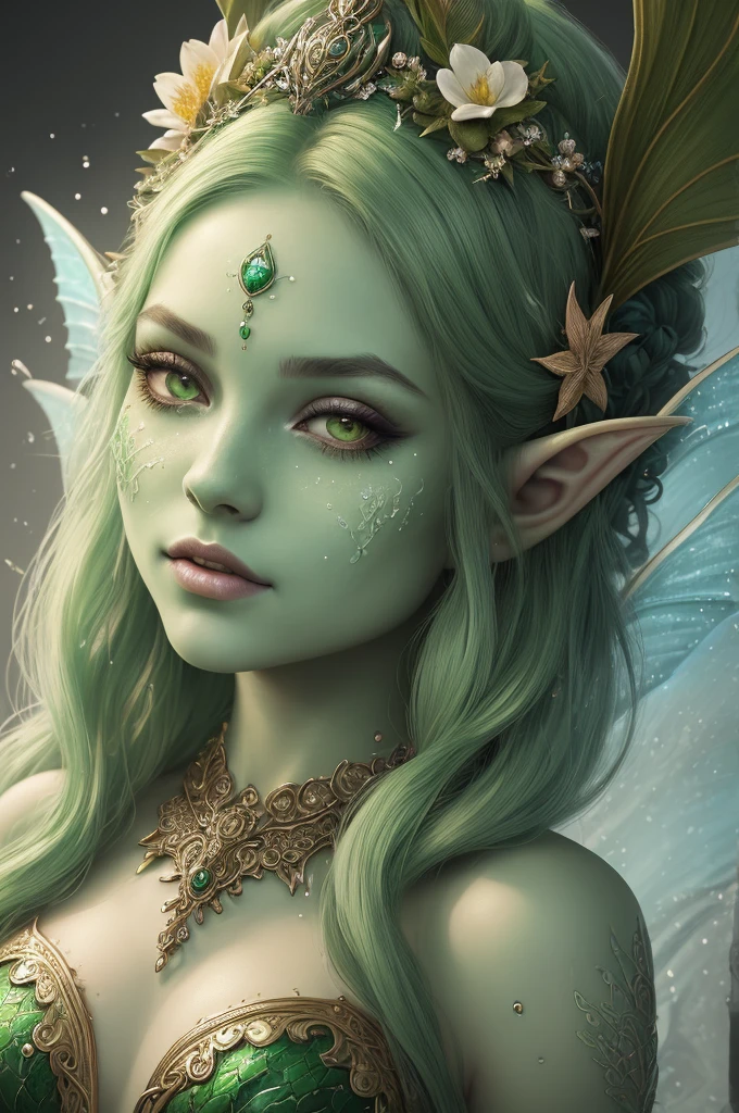 a close up of a woman with a green face and a flower crown, digital art inspired by Hedi Xandt, trending on cg society, fantasy art, closeup fantasy with water magic, ornate cosplay, portrait of mermaid queen, fantasy portrait, beautiful fantasy portrait, portrait of very beautiful elf, detailed matte fantasy portrait, hyperdetailed fantasy character, portrait of mermaid warrior