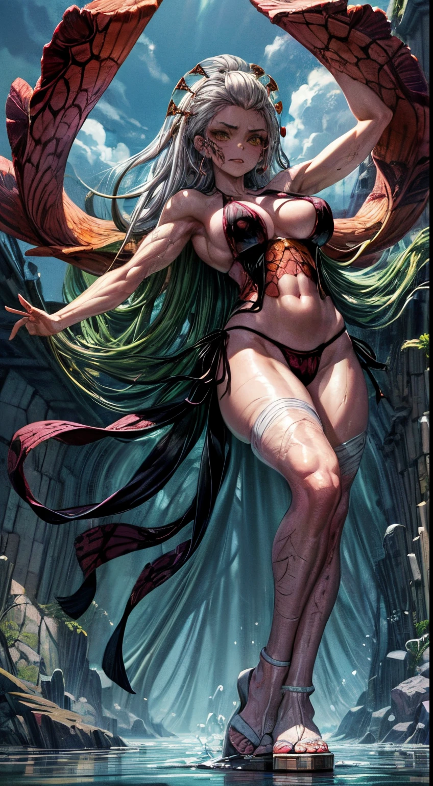 Shapely legs, wearing a bikini, beautiful legs, taken from below, ass flesh, panties that bite, visible buttocks, jellyfish, hair made up of pink snakes, reddish-yellow eyes, standing, full body photo, on the beach, surface of ultra-detailed sea, skull reflection in its eyes, Meiji era night background, expression of anger and hatred, female symbolism in the center, well-structured female body, masterpiece, high quality, realistic