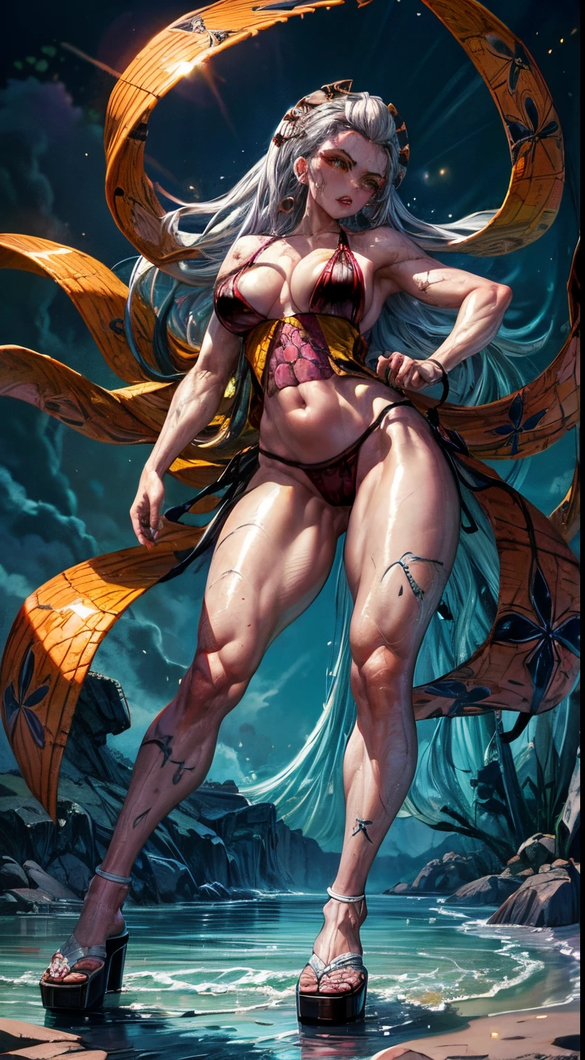 Shapely legs, wearing a bikini, beautiful legs, taken from below, ass flesh, panties that bite, visible buttocks, jellyfish, hair made up of pink snakes, reddish-yellow eyes, standing, full body photo, on the beach, surface of ultra-detailed sea, skull reflection in its eyes, Meiji era night background, expression of anger and hatred, female symbolism in the center, well-structured female body, masterpiece, high quality, realistic