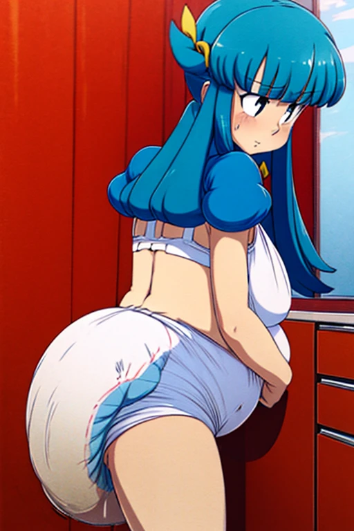 Anime woman enormous bloated diaper mess, huge breast, pregnant , white bra, back end, bent over