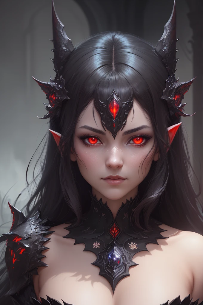 there is a drawing of a woman with a black hair and red eyes, vampire of clan lasombra, mara demon, tiefling, human :: sorceress, with glowing red eyes, portrait demon half human, horns and red eyes, with red glowing eyes, demoness, pointed face and grey eyes, dnd portrait of a tiefling, tiefling female warlock