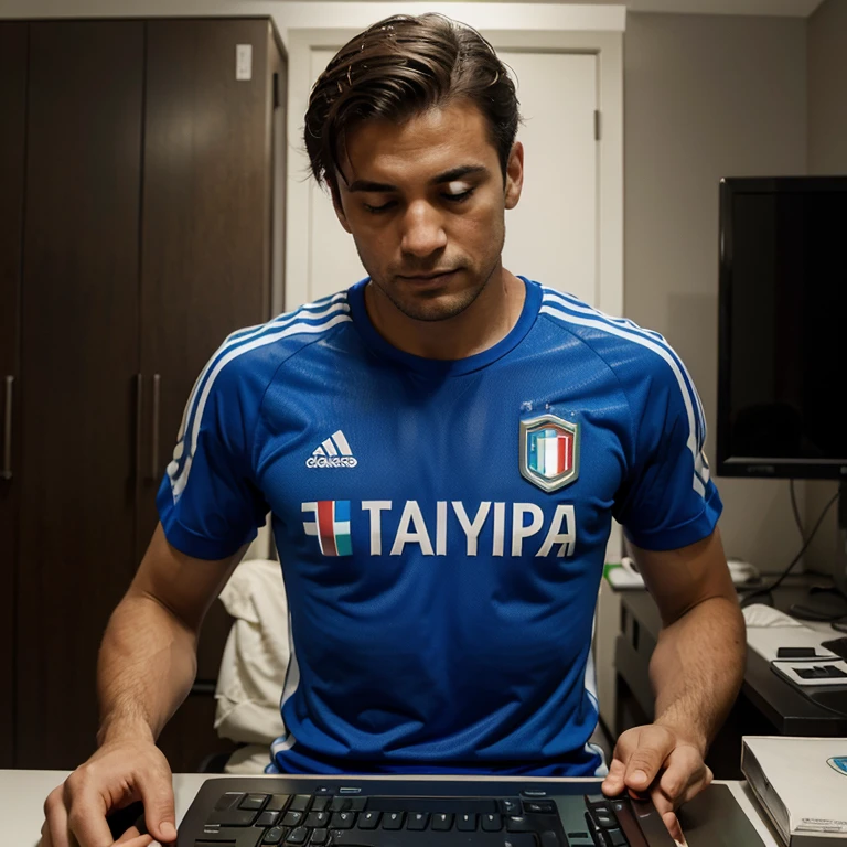 Man using the computer wearing the Italy shirt