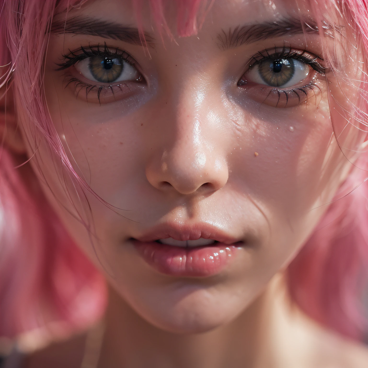 (best quality, 8k, highres, photorealistic:2.0), (solo, one girl:2.0),(lighting: front),(lighting: strong),(Russian Beauty:2.0),(shiny skin:1.5),(oily skin:1.5),(platinum pink hair:1.5),Blush brown makeup , dark eye makeup , use pink glossy lipstick,(big eyes girl:1.5),(emphasize cleavage),(shoulder strapless tiny micro bikini top),((big breasts)),(girl screaming loudly),(Drooling and sucking gesture:1.3),(fist under mouth),(drool),(look at the viewer:1.6),((amazing orgasm))