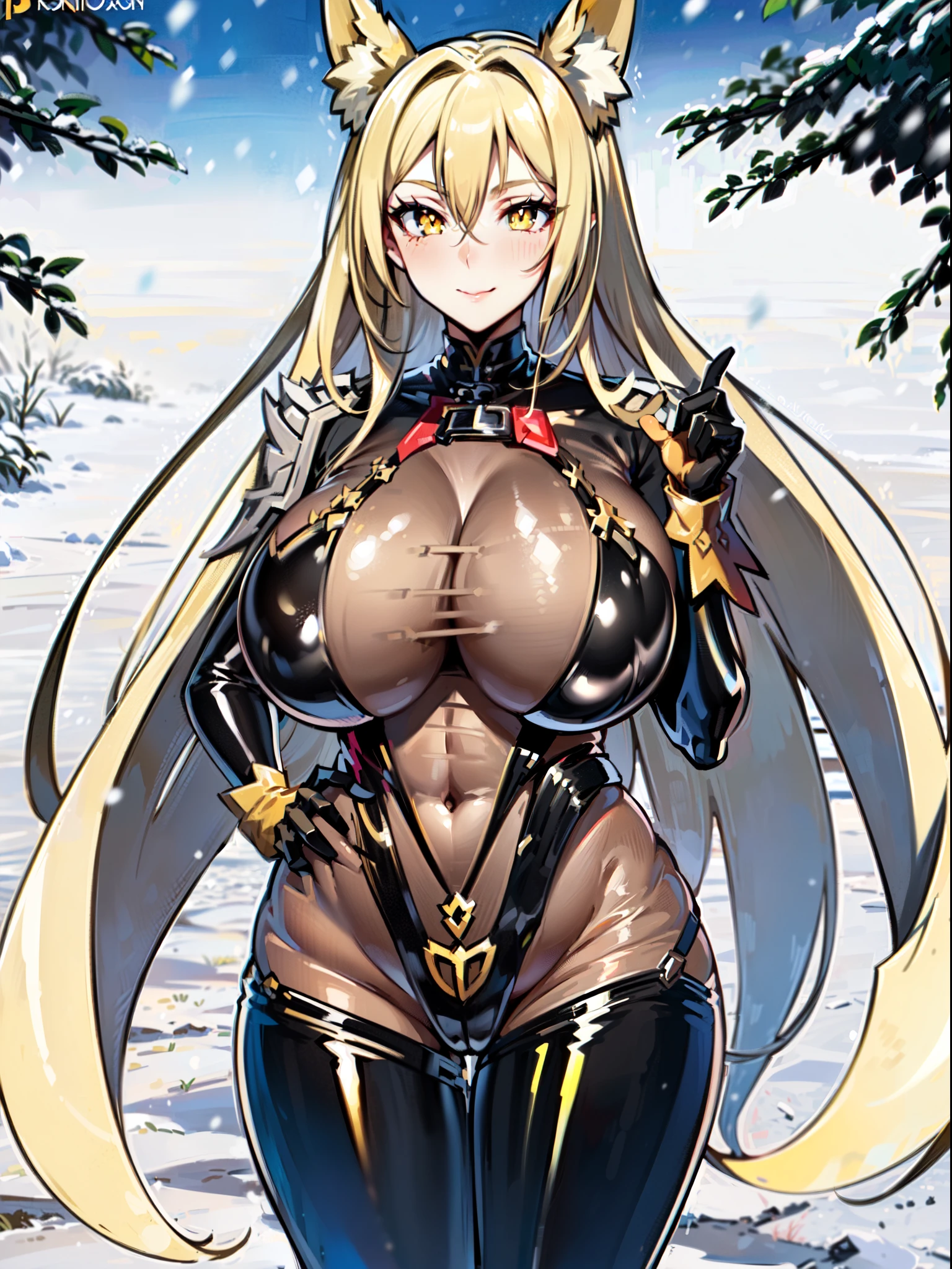 masterpiece, best quality, extremely detailed, 1girl, mature female, solo, yasaka dxd, (huge breasts:1.5), (((blonde hair, very long hair, crossed bangs, yellow eyes, slit pupils, fox ears))), parted lips, (((bodystocking, black gloves))), ((light smile), closed mouth), ((hands on own hips, garden, winter, snowing))