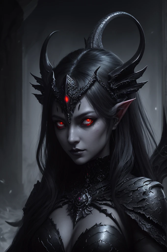 arafed woman with a dragon head and glowing eyes, portrait of a dark fantasy nymph, beautiful elegant demon queen, dark fantasy style art, fantasy art behance, in style of dark fantasy art, cgsociety contest winner!!, cgsociety contest winner!!!, cgsociety contest winner, detailed matte fantasy portrait, epic fantasy art portrait, dark fantasy portrait