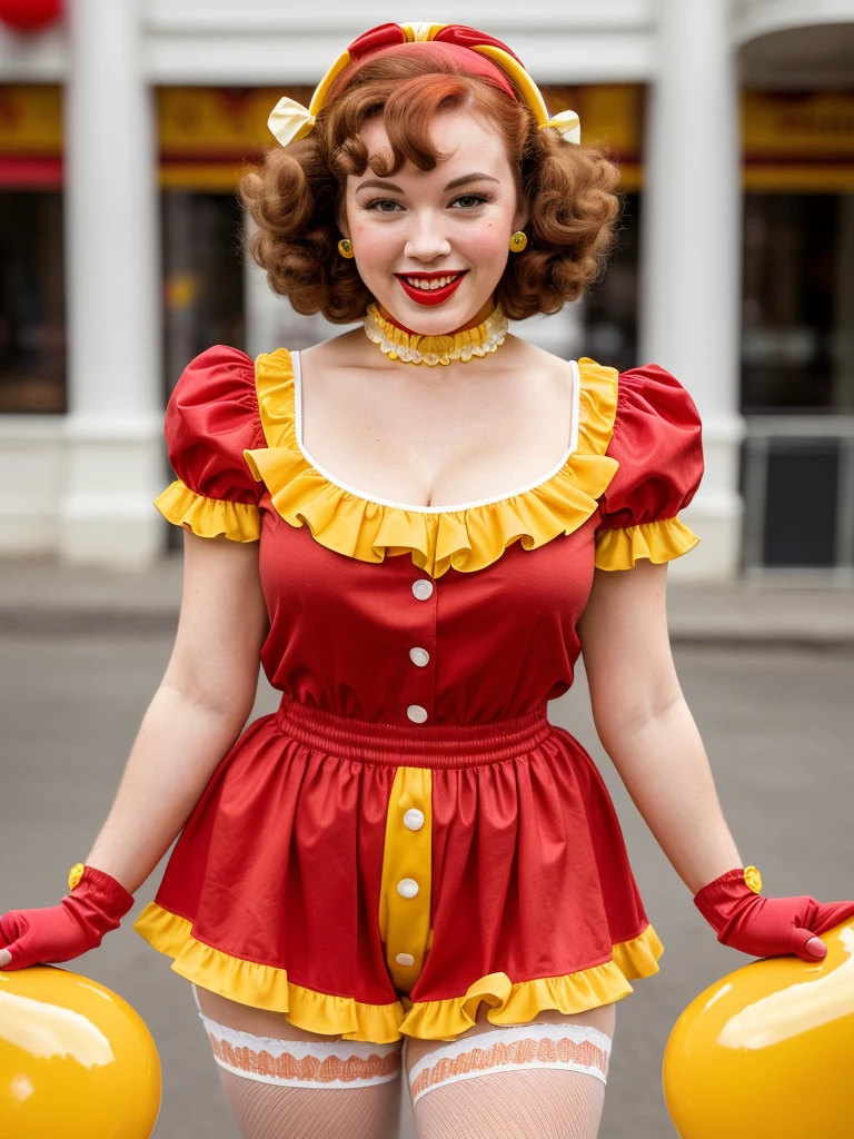(full body shot, ultra-detailed, best quality, photorealistic:1.37, 4k, realistic, portrait, photography, Betty Page, iconic pose, dressed like Ronald Mcdonald, detailed facial features, vibrant colours, 35mm)