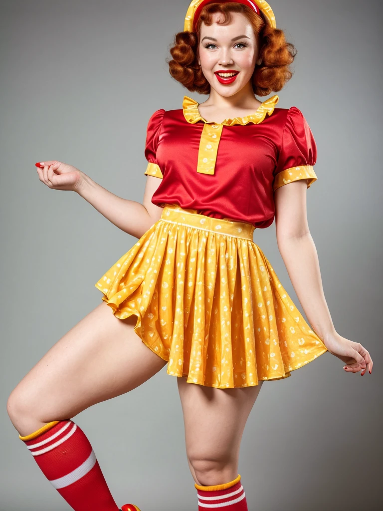 (full body shot, ultra-detailed, best quality, photorealistic:1.37, 4k, realistic, portrait, photography, Betty Page, iconic pose, dressed like Ronald Mcdonald, detailed facial features, vibrant colours, 35mm)