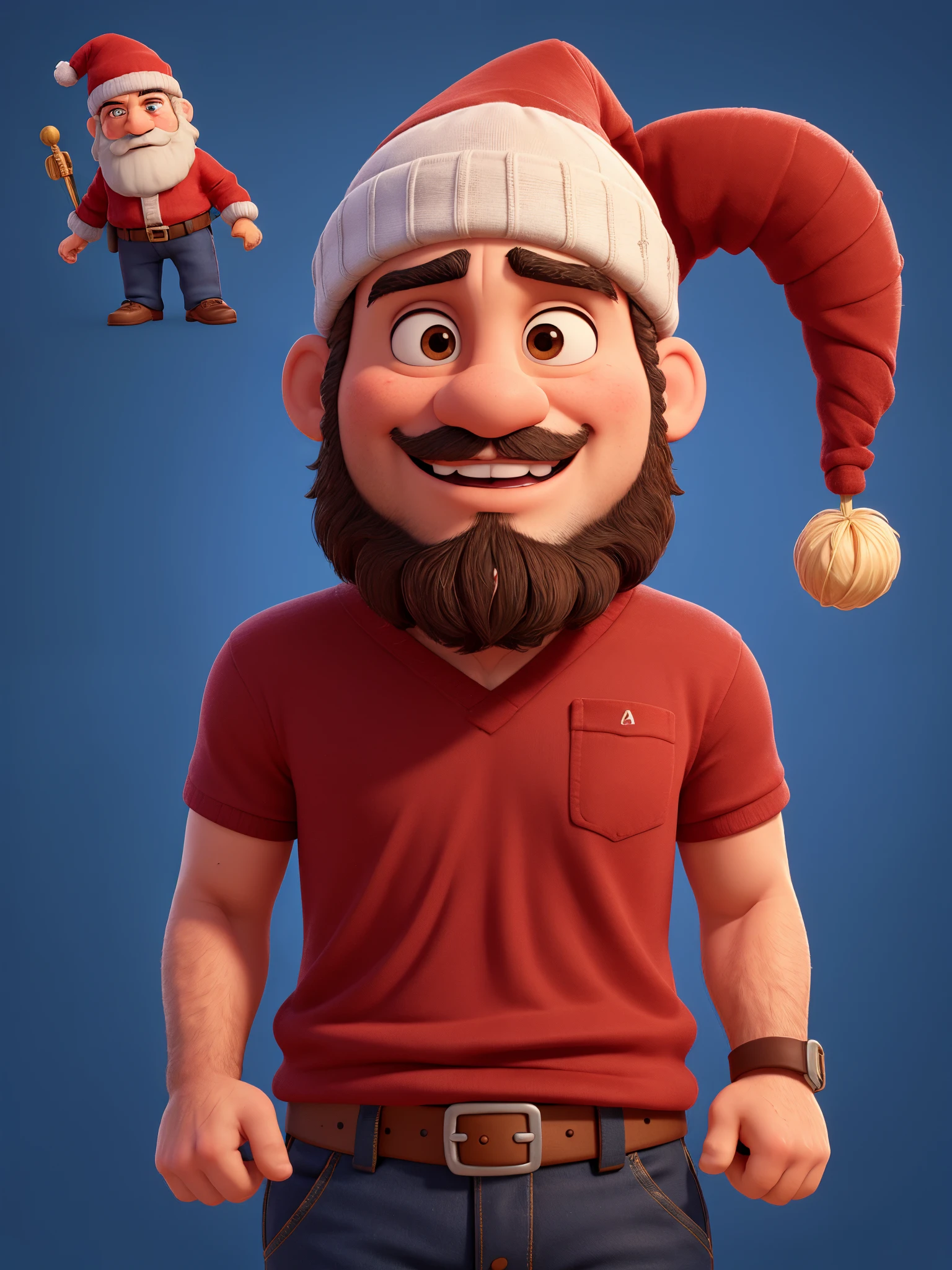 homem com barba escura e com gorro de natal vermelho, de camisa branca, mostrando o dedo polegar