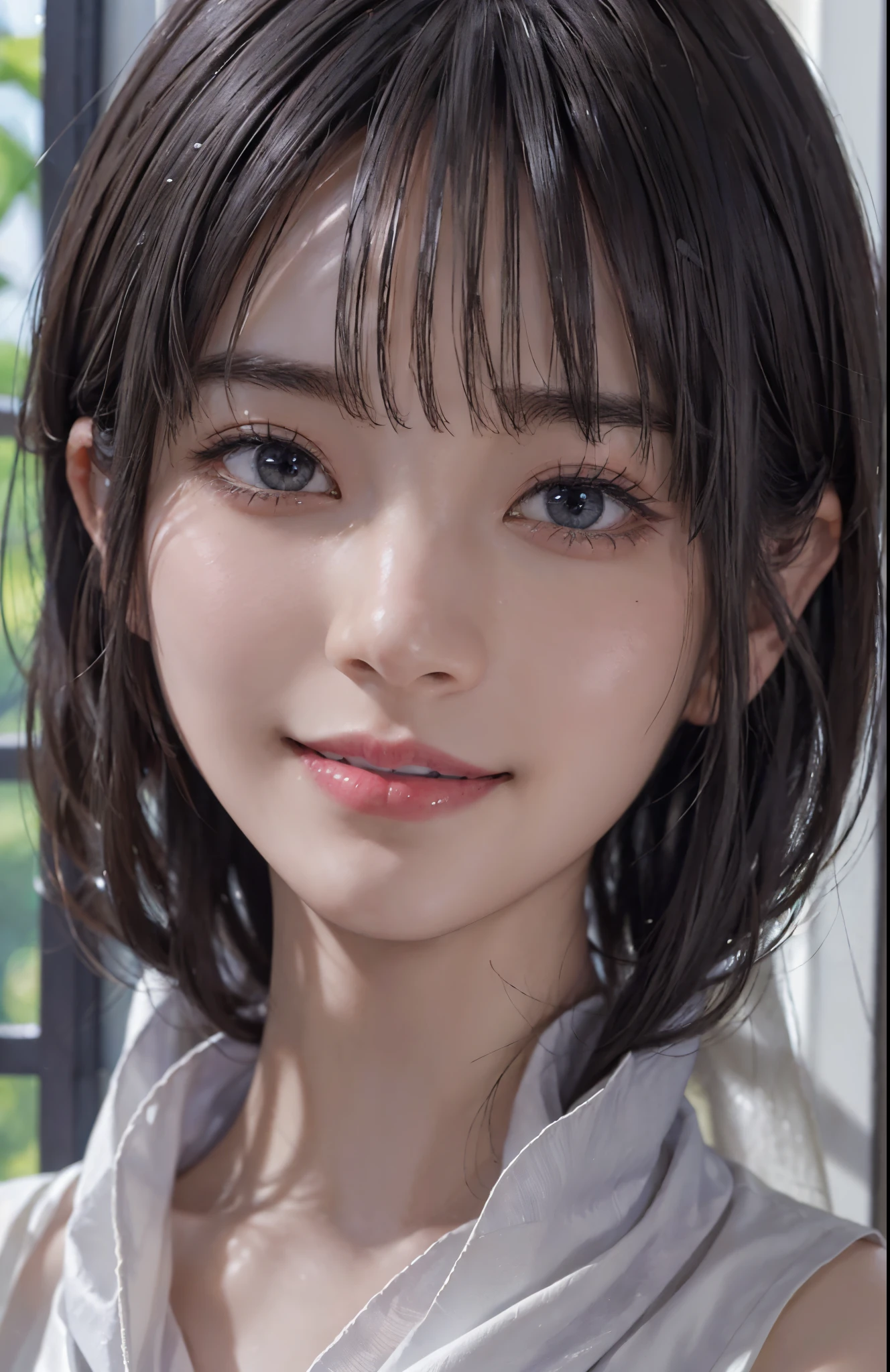 (A hyper-realistic)、(illustratio)、(hight resolution)、(8K)、(ighly detailed)、(Best Illustration)、(beautifully detailed eyes)、(top-quality)、(ultra-detailliert)、(masterpiece)、(wall-paper)、(A detailed face)、独奏、1 girl in、looking at viewert、fine detailed、A detailed face、in the darkness nigth、deep-shadows、lowkey、pureerosfaceace_v1、A smile、a pixie cut、white Shawl、46-point diagonal bangs、Gray hair