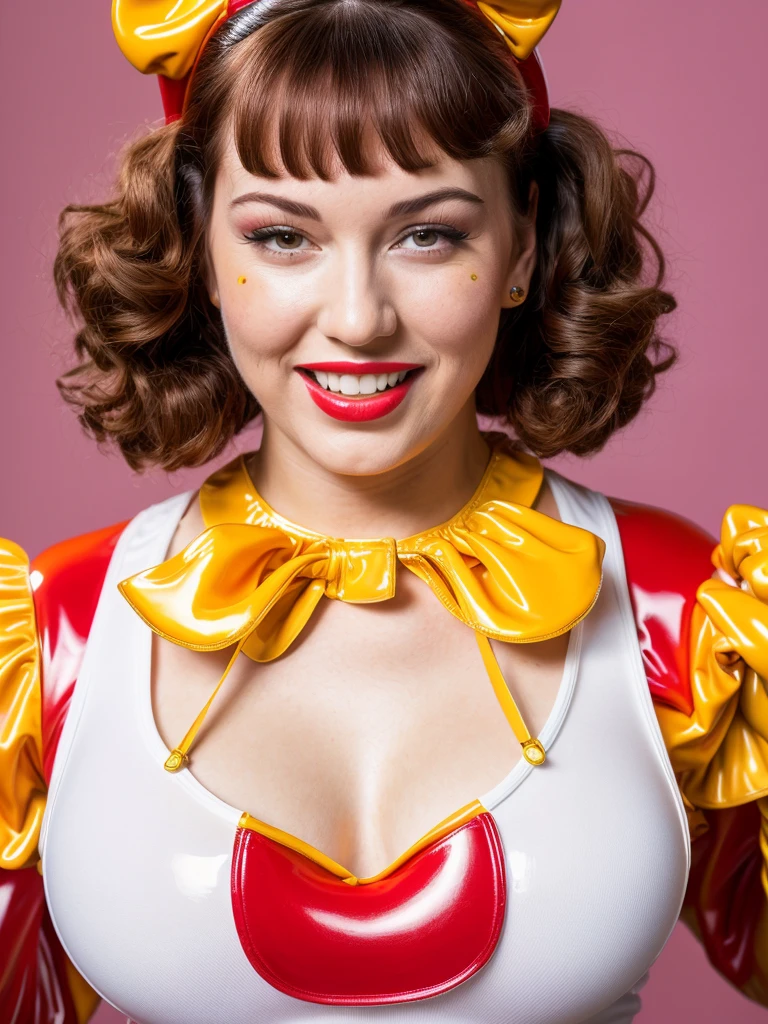 (full body shot, ultra-detailed, best quality, photorealistic:1.37, 4k, realistic, portrait, photography, Betty Page, iconic pose, bdsm, latex, fetish, domina, dressed like Ronald Mcdonald, detailed facial features, vibrant colours, 35mm)