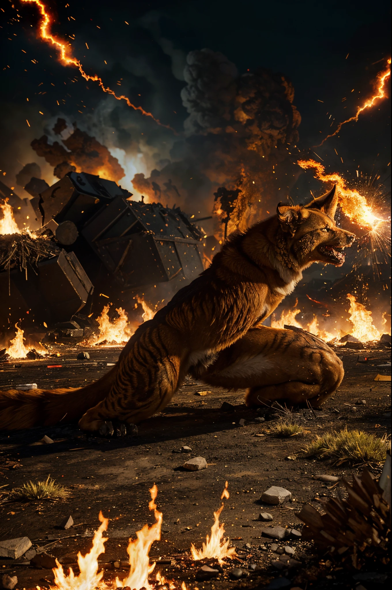 dog, raging, terror, fire, shots, intense eyes, fierce growl, burning flames, explosive power, chaotic energy, destructive force, violent scene, adrenaline rush, fear-inducing, unstoppable rampage, adrenaline-fueled chaos, powerful presence, roaring fury, dangerous pursuit, intense action, explosive chaos, blazing inferno, blazing fury, wild frenzy, relentless aggression, ferocious attack, explosive bursts, blazing speed, fiery chaos, blazing power, destructive chaos, fiery explosions, blazing destruction, relentless onslaught, volatile energy, fierce determination, fiery rage, uncontrollable fury