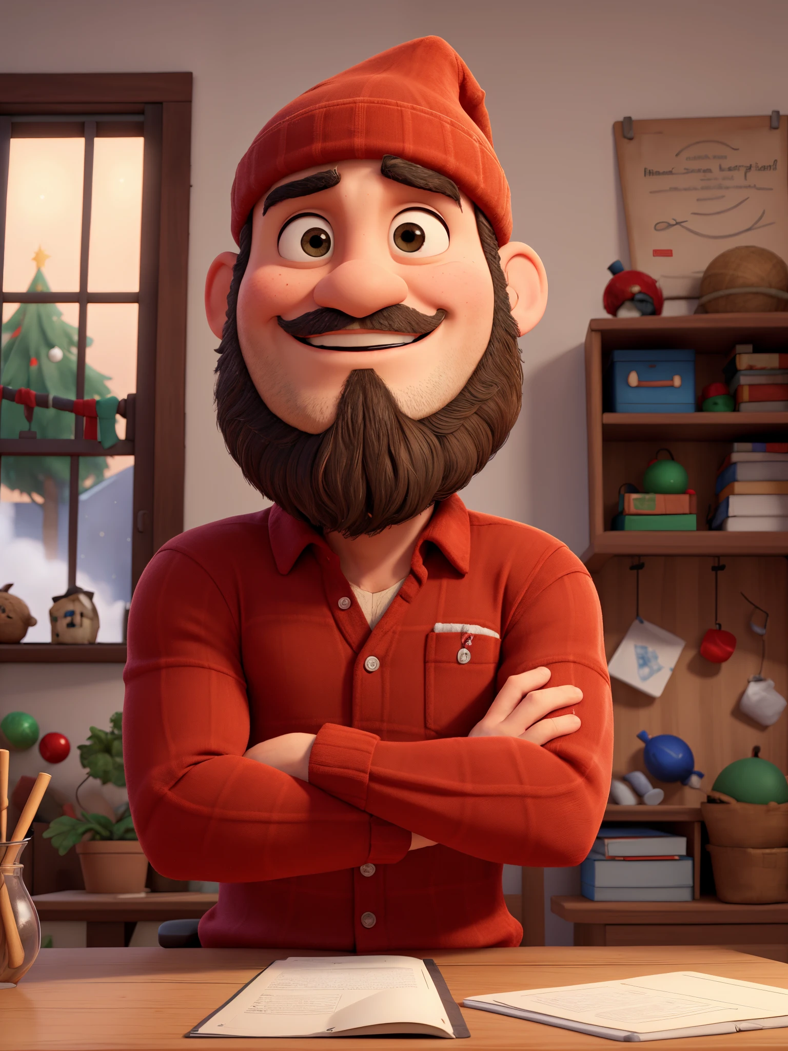 homem com barba escura, usando um gorro de natal, Red shirt and arms crossed.