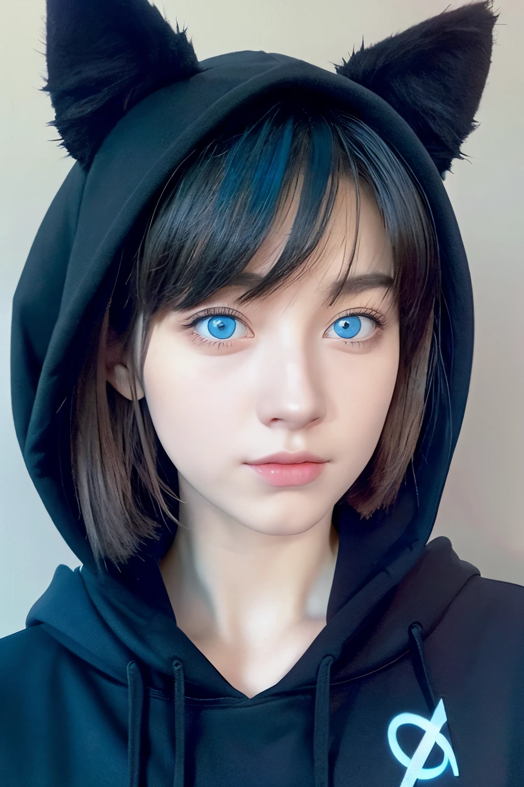 cat ear short-haired A dark-haired Black hoodie blue and blue odd eyes