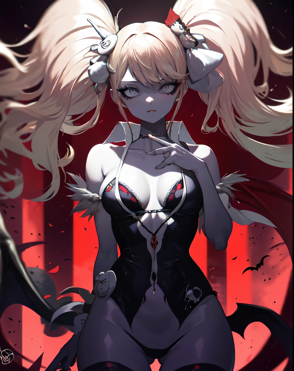1girl, senos, joya de pecho, pantys, Alas de cabeza, solamente, senos grandes, Pelo rojo, Morrigan Aensland, alas, Animal print, bat print, pelo corto, ojos rojos, Legwear estampado, flequillo barrido, leotardo, bat like wings, escote, flequillo, tiara, Pose de garra, hombros desnudos, Leotardo negro, Mirando al espectador, Fondo simple