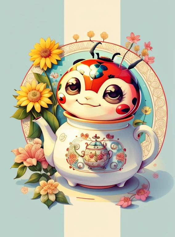 (cute ladybug smiling with tea pot and flowers), Munchkin ,Geometric multidimensional wall portrait, livro de arte, Tchibi,
Yang08k, Beautiful, Colouring,
Obras, of the highest quality, best quality, Arte Oficial, Beautiful and Aesthetic,