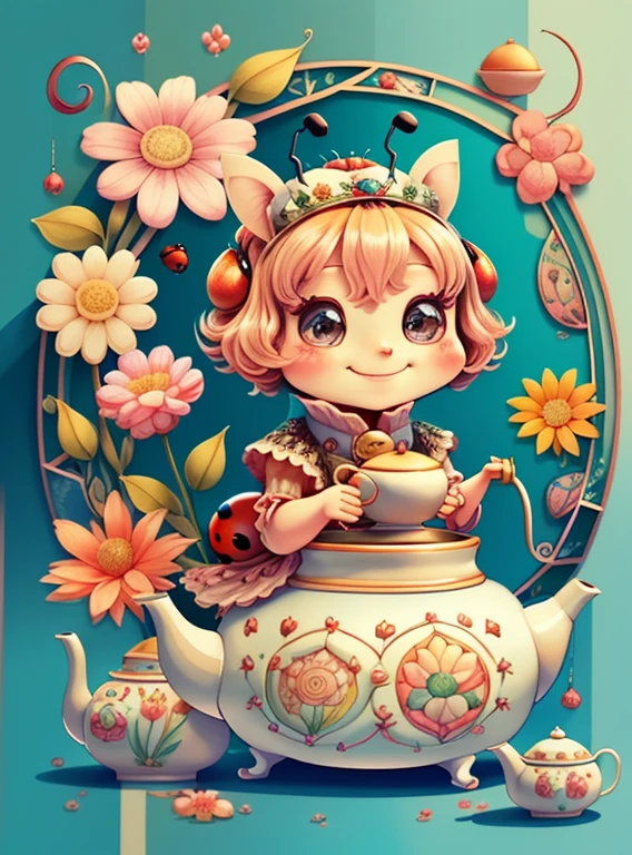 (cute ladybug smiling with tea pot and flowers), Munchkin ,Geometric multidimensional wall portrait, livro de arte, Tchibi,
Yang08k, Beautiful, Colouring,
Obras, of the highest quality, best quality, Arte Oficial, Beautiful and Aesthetic,