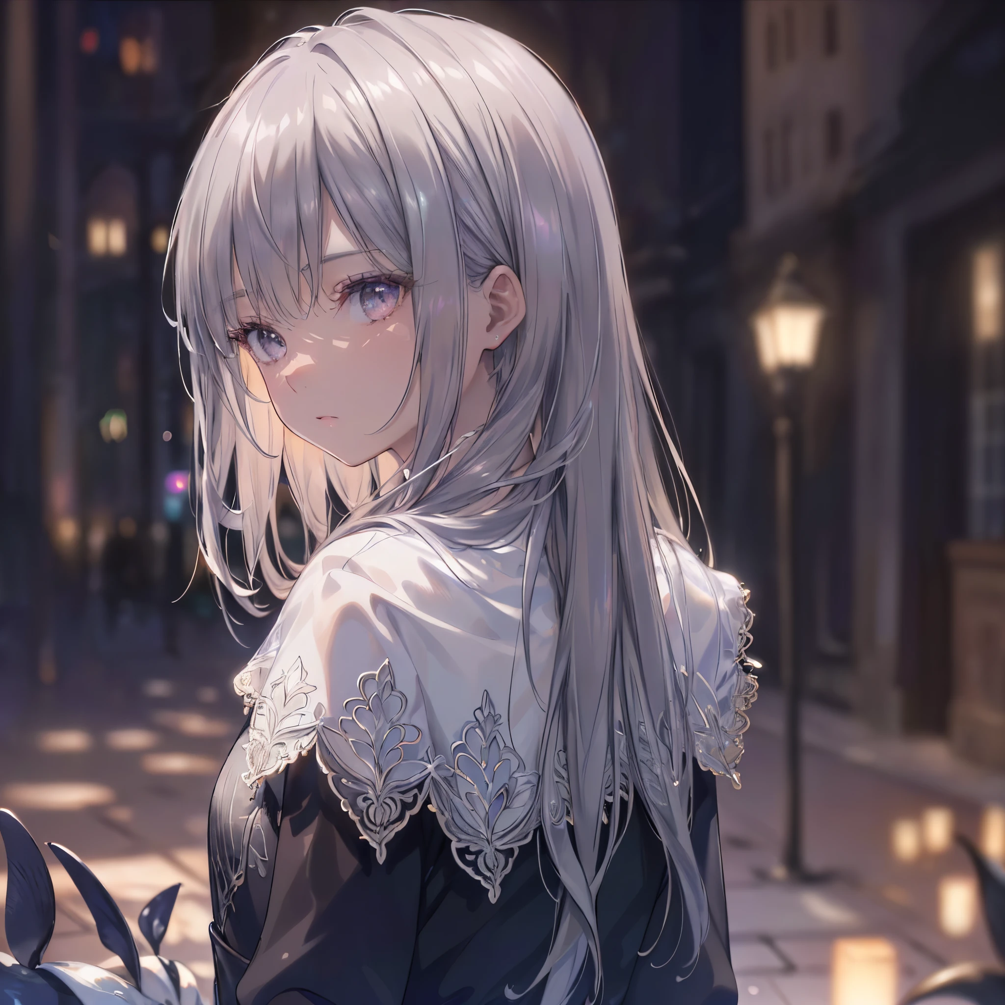 High definition RAW color art, Animation,sculptures, silver marble skin, (((Ultra detailed elegant))), Magical atmosphere, (Detailed skin, Texture (Intricately detailed, Fine detail, ultra-detailliert), deep red moonlight, depth of fields, Bokeh, silky touch, beautiful eyes,  (Neon Street), Hyper Detail, Matte Drawing, Pastel purple, Looking back