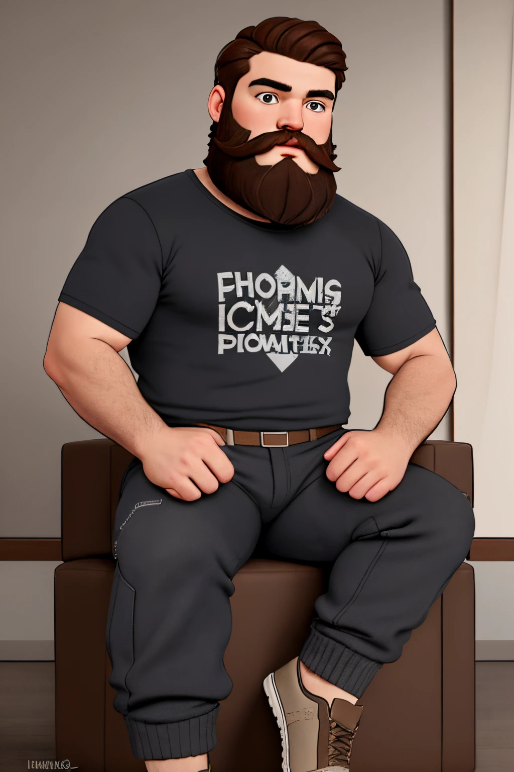 close up 1man in, bearded, Solo, brown hair, messy brown hair, short hair, dark eyes, taned skin, heavy set, chubby, strong, thick body, manicured beard, grey strip in beard, detailed skin, neutral face, (wearing t-shirt, cargo pants, watch, socks: 1.1), (relaxing: 1.22), (detailed living room background:1.1), on a couch, chilling, 4k textures, soft light, elegant, highly detailed, sharp focus, soothing tones, insane details, intricate details, hyperdetailed, low contrast, exposure blend, hdr, faded