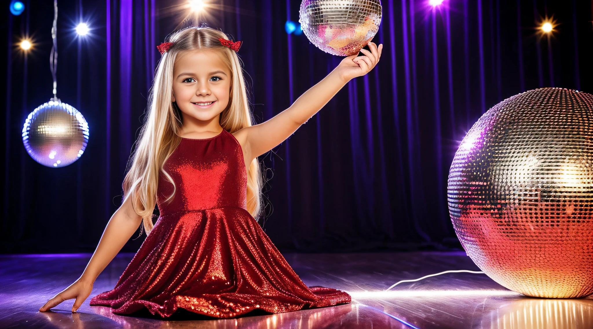 a close-up of a blonde child with long hair, BIG BALL OF electrified ICE IN HANDS. posando na frente de bolas de discoteca em uma sala, usa um vestido vermelho, pose de glamour, fazendo uma pose elegante, posar para uma foto, em um vestido vermelho, usando um vestido vermelho, em estilo glamoroso, bola de discoteca ao fundo, modelo jovem bonita, usando um vestido cintilante, Photo of a promotional session, Retrato no meio da foto, vestindo trajes formais vermelhos