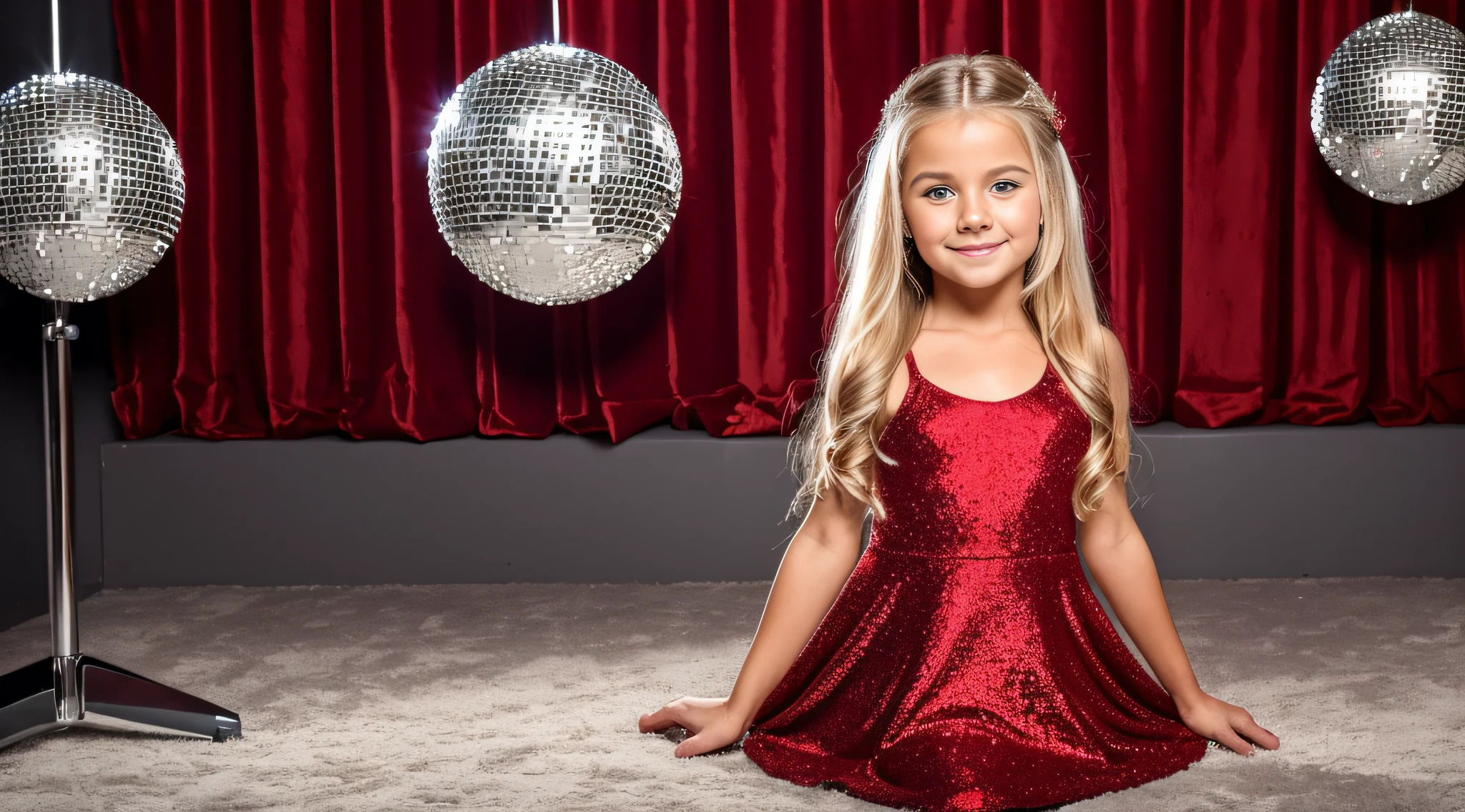 a close-up of a blonde  with long hair, BIG BALL OF electrified ICE IN HANDS. posando na frente de bolas de discoteca em uma sala, menina usa um vestido vermelho, pose de glamour, fazendo uma pose elegante, posar para uma foto, em um vestido vermelho, usando um vestido vermelho, em estilo glamoroso, bola de discoteca ao fundo, modelo jovem bonita, usando um vestido cintilante, Photo of a promotional session, Retrato no meio da foto, vestindo trajes formais vermelhos