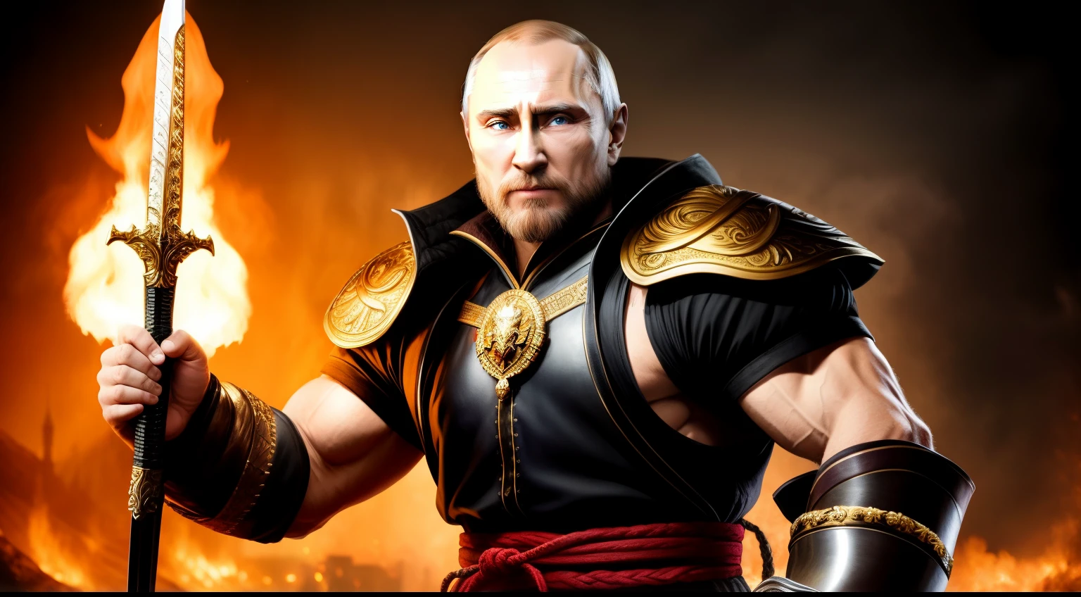 (((president Putin))) a viking holding up a steel glossy sword, Putin wearing pattered winter coat with golden stitching, golden two headed eagle necklace, HDR, super realistic, hyper realistic, hyper detailed, highly detailed, 4k, 8k, DSLR, photo, photo realistic, full body, ((ready to fight)), ((mortal kombat scene fighter))