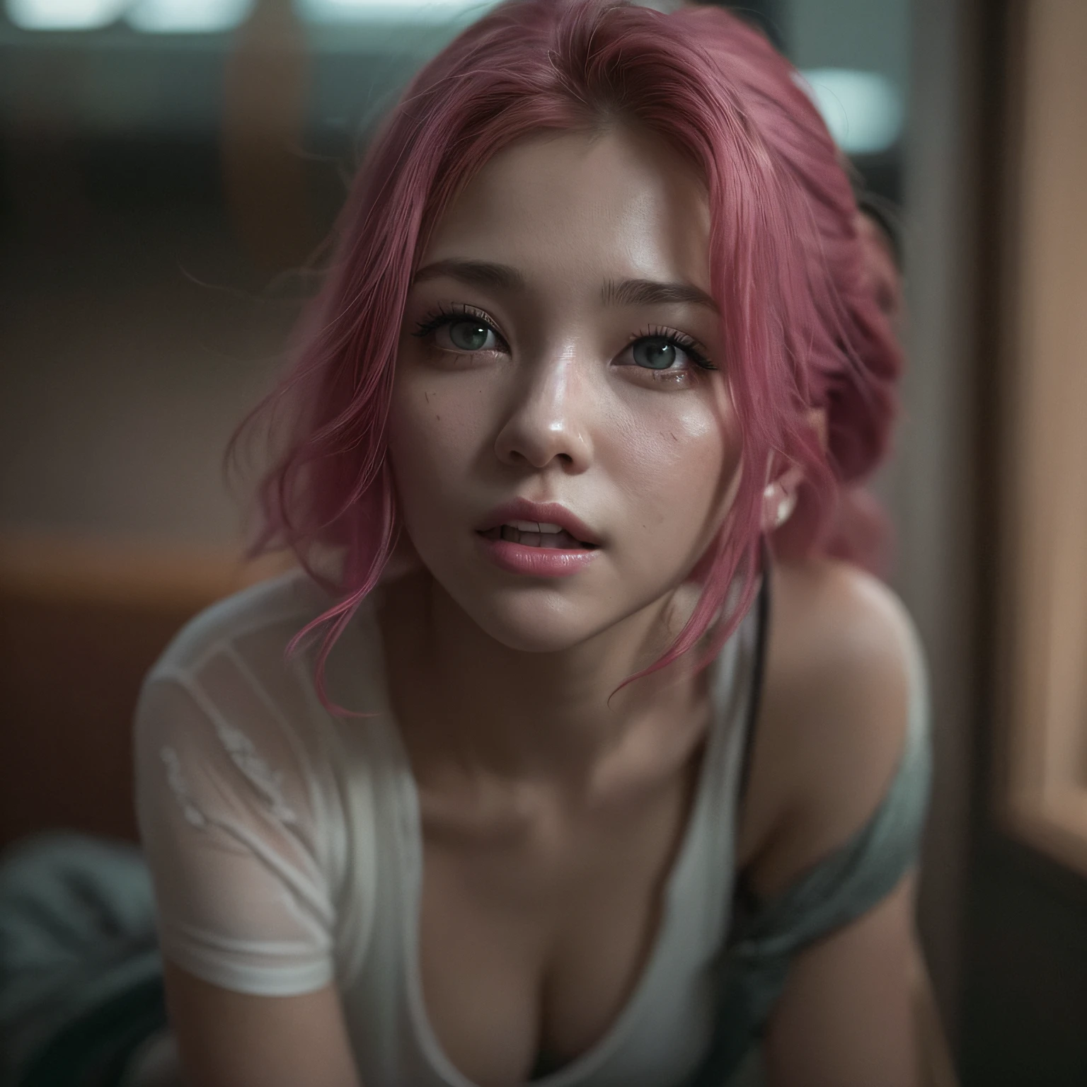 STABLE DIFFUSION 2.1 REALISTIC PHOTOREAL face, orgasmface, deep breathing, ((Close-up: 1.5)), (((IU))), (((cute feelings Loved))) Pink hair, naked, tiefer ausschnitt, small tits, wet top, Masterpiece, absurdres,award winning photo, extremely detailed, amazing, fine detail, (extremely detailed eyes:1.125) and face, by lee jeffries nikon d850 film stock photograph 4 kodak portra 400 camera f1.6 lens rich colors hyper realistic lifelike texture dramatic lighting unrealengine trending on artstation cinestill 800 tungsten, beautiful woman, ulzzang-6500, smiling seductively, excited,