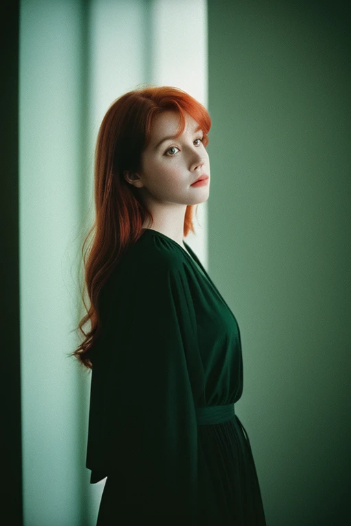 1woman,in the dark, film grain, award winning photo, (green tint:0.5), looking to the side, redhead