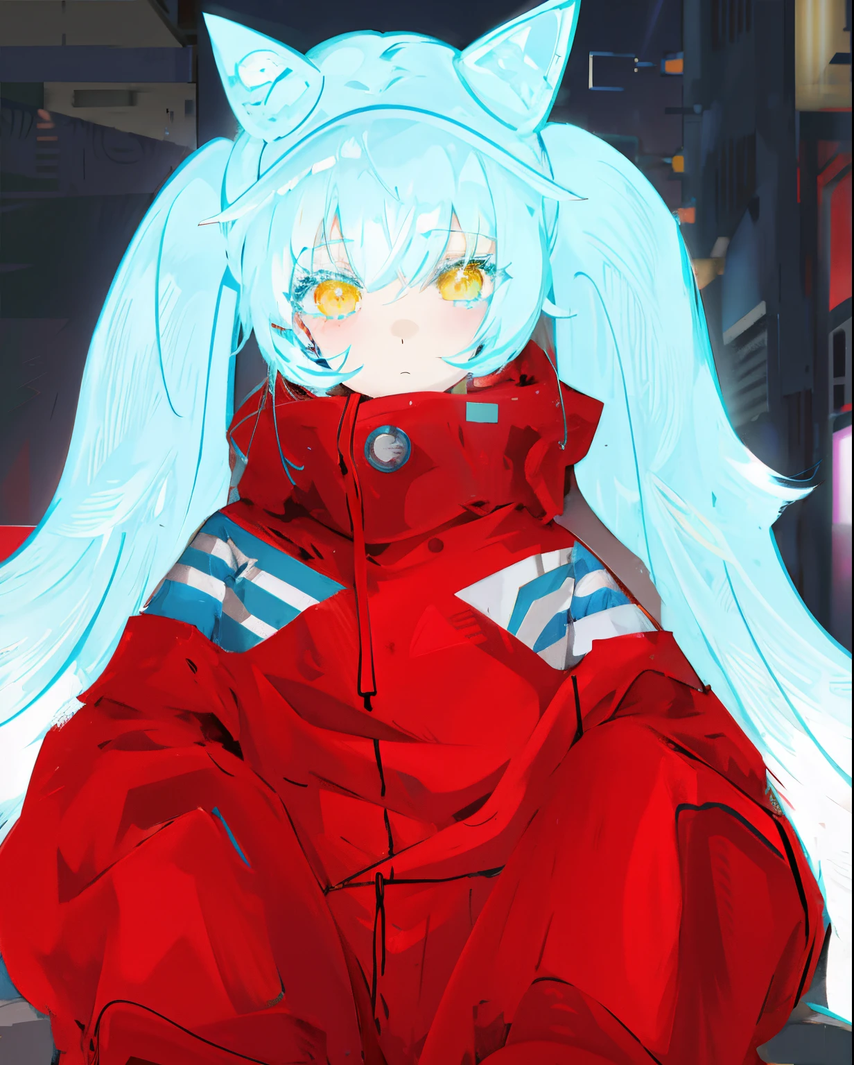 anime girl with blue hair and white hair sitting on a bench, red and cyan, anime moe artstyle, anime style 4 k, red and cyan theme, made with anime painter studio, unknown artstyle, mikudayo, anime artstyle, cyberpunk anime girl in hoodie, pixiv style, vermillion and cyan,