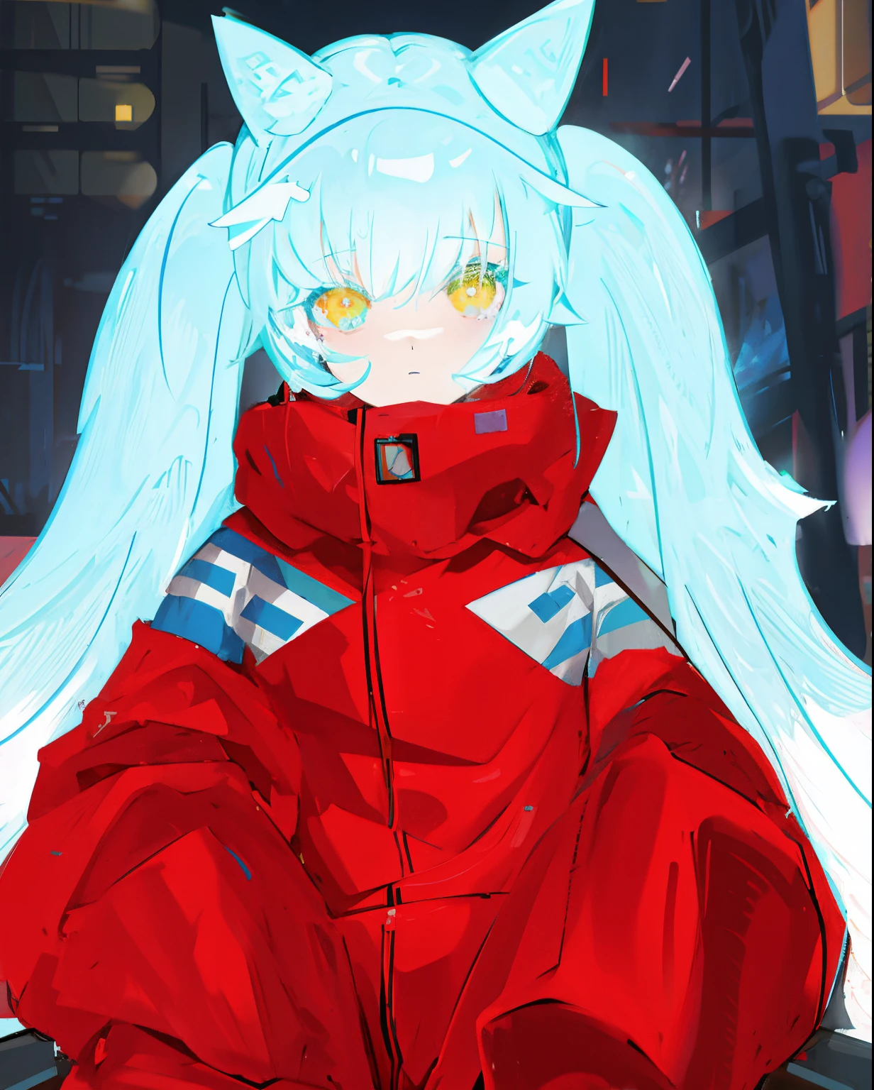 anime girl with blue hair and white hair sitting on a bench, red and cyan, anime moe artstyle, anime style 4 k, red and cyan theme, made with anime painter studio, unknown artstyle, mikudayo, anime artstyle, cyberpunk anime girl in hoodie, pixiv style, vermillion and cyan,