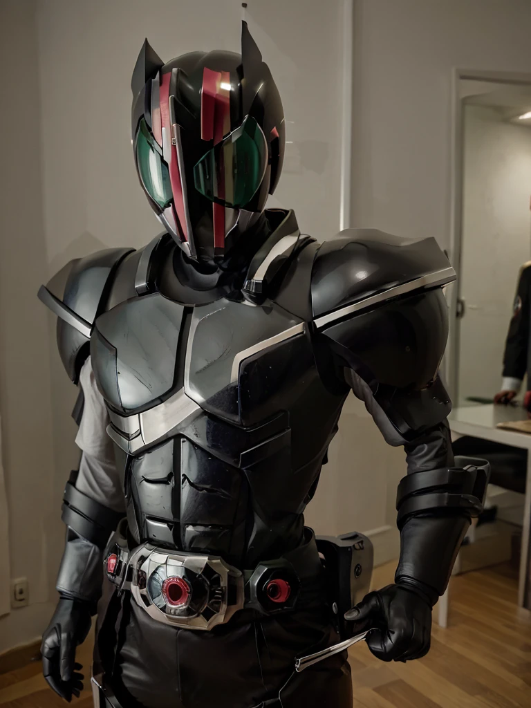 Alafi in a red and silver suit and helmet, cyber japan style armor, cyber japan armor, kamen rider character, Black and red armor, kamen rider action pose, high fantasy kamen rider, cyber japan samurai armor, Kamen Rider, black and red reflected armor, White and red armor, cyber fight armor, stylish cyborg armor, kamen rider ghost