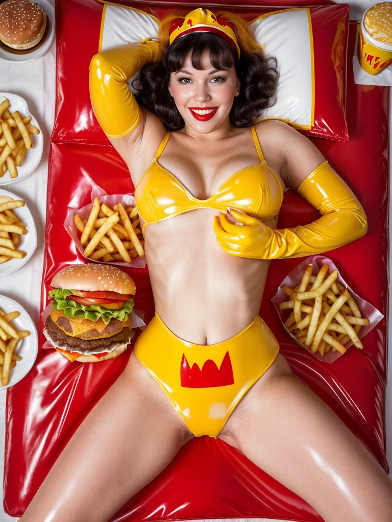 (full body shot, ultra-detailed, best quality, photorealistic:1.37, 4k, realistic, portrait, photography, Betty Page, laying down on a bed, latex, fetish, dressed like Ronald Mcdonald, completely covered by Hamburgers Big Mac, and french fries, detailed facial features, vibrant colours, 35mm)