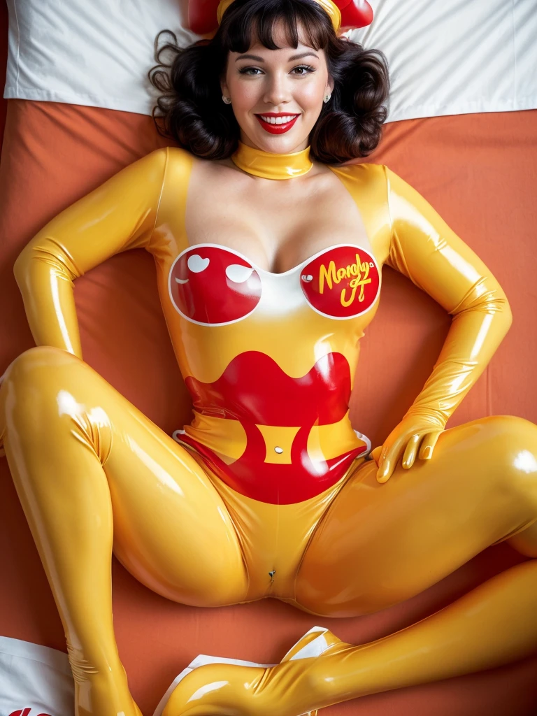 (full body shot, ultra-detailed, best quality, photorealistic:1.37, 4k, realistic, portrait, photography, Betty Page, laying down on a bed, latex, fetish, dressed like Ronald Mcdonald, completely covered by Hamburgers Big Mac, and french fries, detailed facial features, vibrant colours, 35mm)