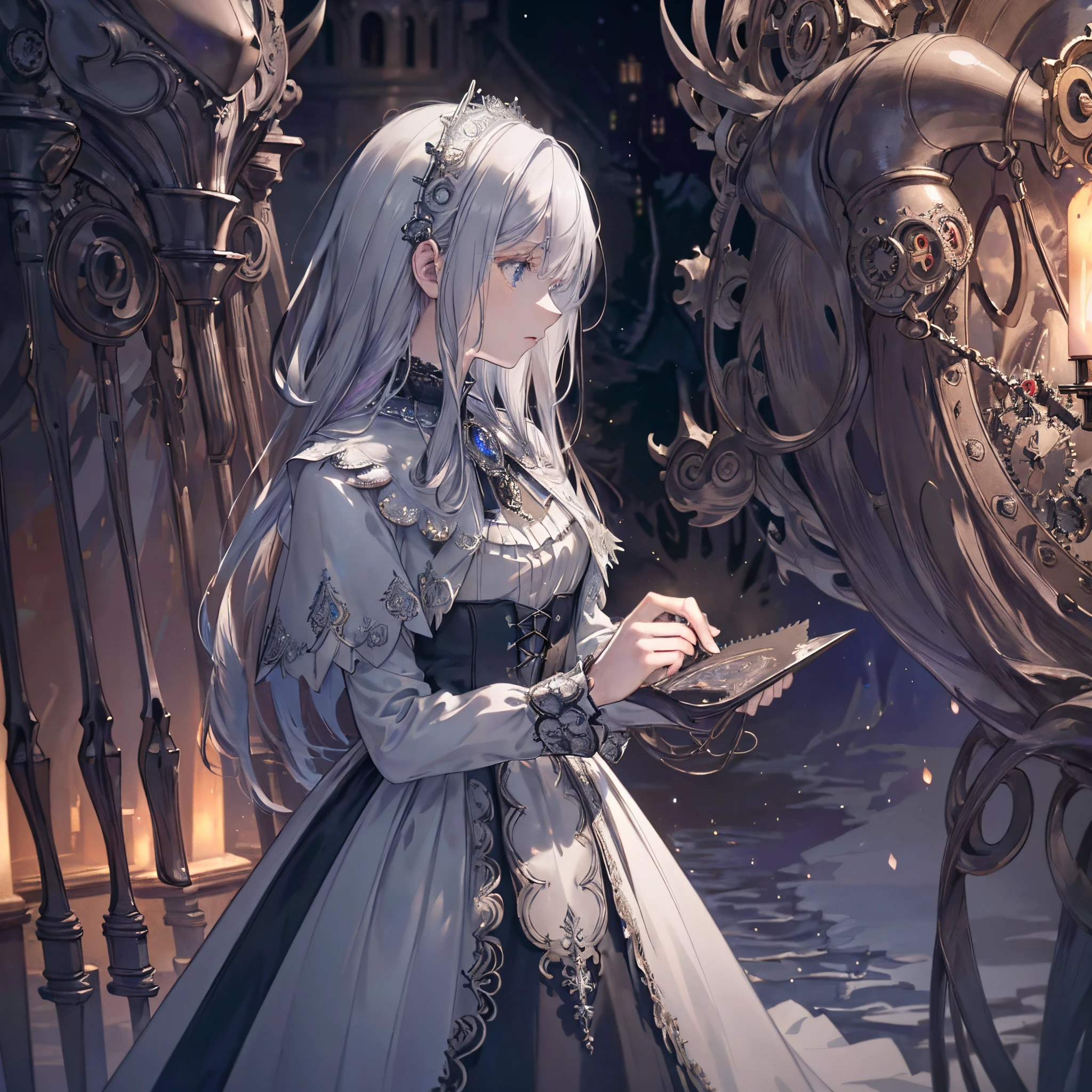 High definition RAW color art, Animation,sculptures, silver marble skin, (((Ultra detailed elegant))), Magical atmosphere, (Detailed skin, Texture (Intricately detailed, Fine detail, ultra-detailliert), deep red moonlight, depth of fields, Bokeh, silky touch, beautiful eyes, (darkness castle, Background of cogs lined with gears), hyper detail, mat drawing, profile