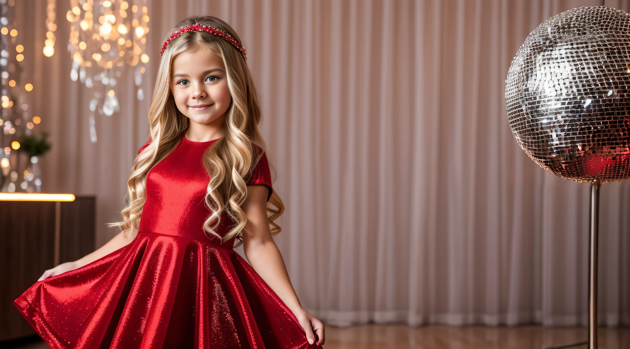 a close-up of a blonde  with long hair, BIG BALL OF electrified ICE IN HANDS. posando na frente de bolas de discoteca em uma sala, child wears a red dress, pose de glamour, fazendo uma pose elegante, posar para uma foto, em um vestido vermelho, usando um vestido vermelho, em estilo glamoroso, bola de discoteca ao fundo, modelo jovem bonita, usando um vestido cintilante, Photo of a promotional session, Retrato no meio da foto, vestindo trajes formais vermelhos