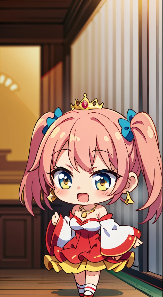 (masutepiece, Best Quality, Perfect Anatomy, High quality:1.4), nice hand, Perfect hands, Detailed beautiful hands, Large_filesize, fulcolor, hight resolution, symmetric, exceptional, Best aesthetic, newest, Anime, very beautiful detailed body,The hair,faces,The eye, (Chibi, Full body:1.6)
BREAK,
1 beautiful girl, Solo,(Cute:1.5),(Chibi:0.8), (kawaii:1.5),(Lori:0.5), BREAK, (girl, Cute, Cheerful, face, medium breasts:1.2),(Pink hair,disheveled short twin tails,tareme,Gold eyes:1.2),gleaming skin,Clear skin, cleavage of the breast,Beautiful , gleaming skin,Clear skin, Beautiful skin,( A smile:1.5),(best quality face),(Top quality glowing eyes), (Doya face,brave face:1.45),BREAK (Princess), (((Elegant))), (queen jewel crown:1.3)goddess like,Golden lingerie, (Red Princess Dresses,hoop long skirt:1.6),(princess fantasy jewelry dress, Layered sleeves,Jewelry Necklaces,Ruby Earrings:1.5),slutty makeup,BREAK,(morning), inside in room,Gothic bedroom, a canopy bed,huge window,naked girl poster,coke,on back, tusk, Open mouth, Looking away,depth of fields,
BREAK,wakame,wakame,wakame,(Cowboy Shot:1.4),
BREAK,(Blurry background:1.3),(absurderes, hight resolution, Super Detail Art),cel shading,Clear Color, Lonely optical effect, Beautiful pictures, Bright glow, mystic atmosphere,(Close-up of girl:1.1), Mystical light particle effect,manga influence, clean line drawings,