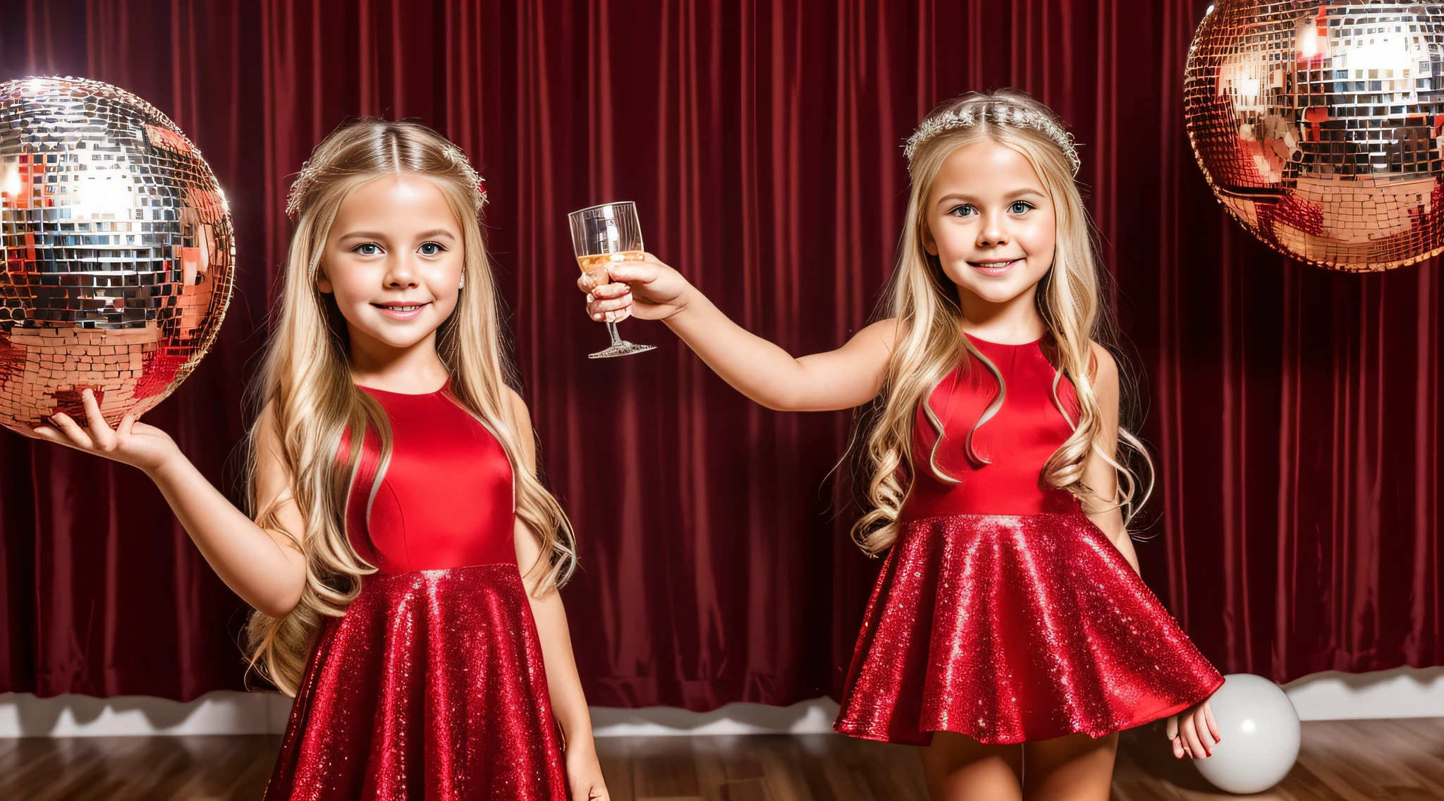 a close-up of a blonde with long hair, BIG BALL OF electrified ICE IN HANDS. posando na frente de bolas de discoteca em uma sala, child wears a red dress, pose de glamour, fazendo uma pose elegante, posar para uma foto, em um vestido vermelho, usando um vestido vermelho, em estilo glamoroso, bola de discoteca ao fundo, modelo jovem bonita, usando um vestido cintilante, Photo of a promotional session, Retrato no meio da foto, vestindo trajes formais vermelhos