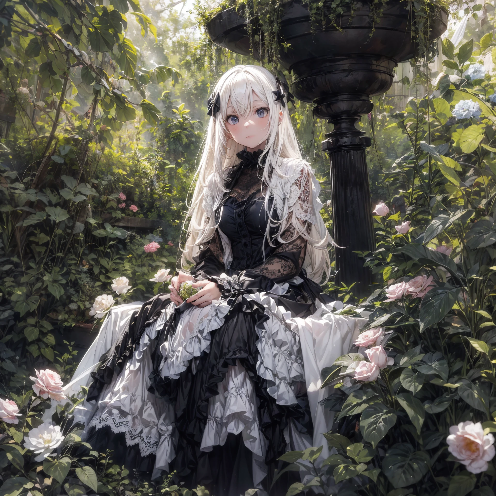 Create an image of an albino girl with a mysterious aura, set in an abandoned garden tea party. She has long, colorless white hair and jet black eyes, and is dressed in a jet black neo-Victorian dress with intricate layers of fabric, delicate lacework, and black cross accessories. The background is an overgrown garden, bathed in sunlight filtering through trees, creating depth and an ominous yet peaceful atmosphere.