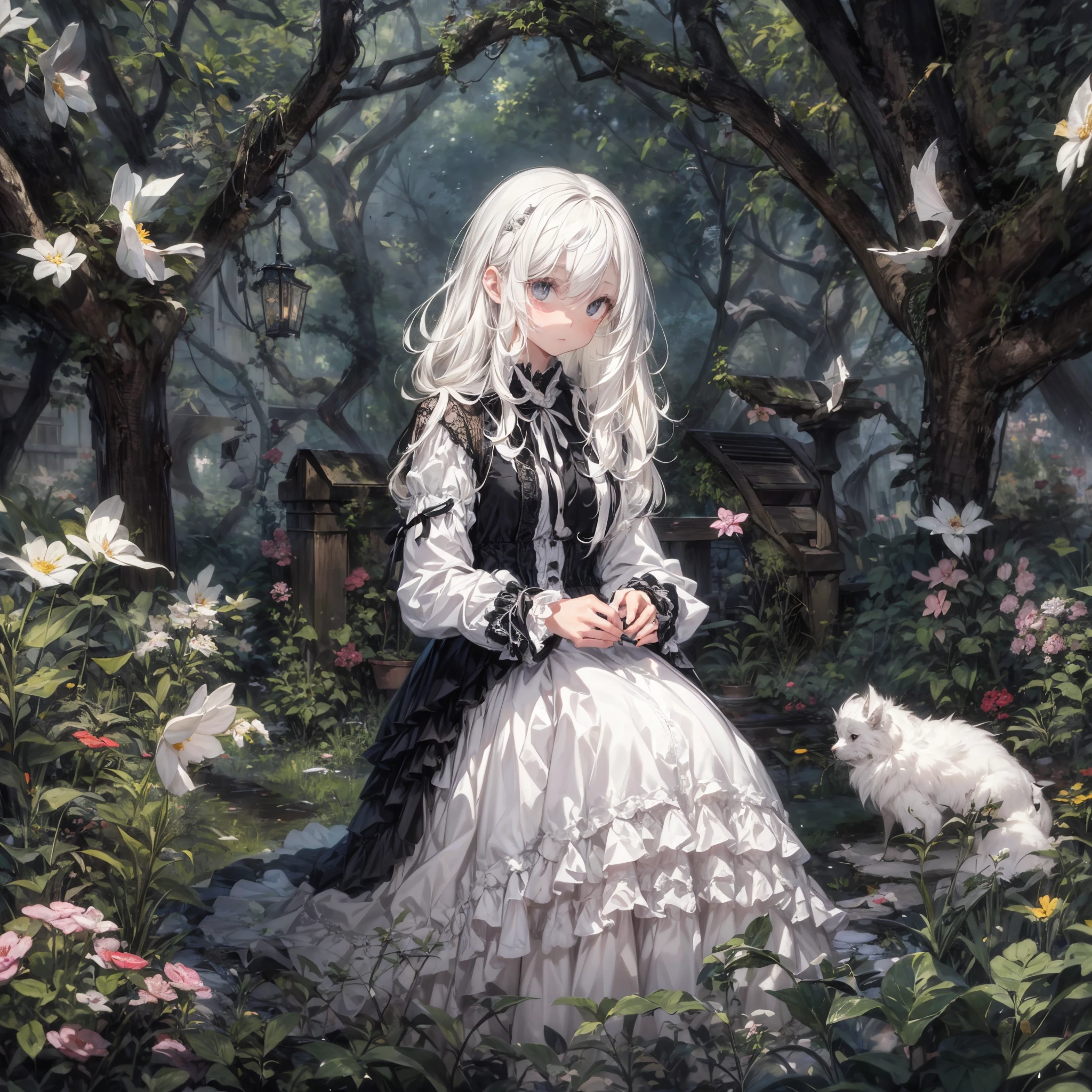 Create an image of an albino girl with a mysterious aura, set in an abandoned garden tea party. She has long, colorless white hair and jet black eyes, and is dressed in a jet black neo-Victorian dress with intricate layers of fabric, delicate lacework, and black cross accessories. The background is an overgrown garden, bathed in sunlight filtering through trees, creating depth and an ominous yet peaceful atmosphere.