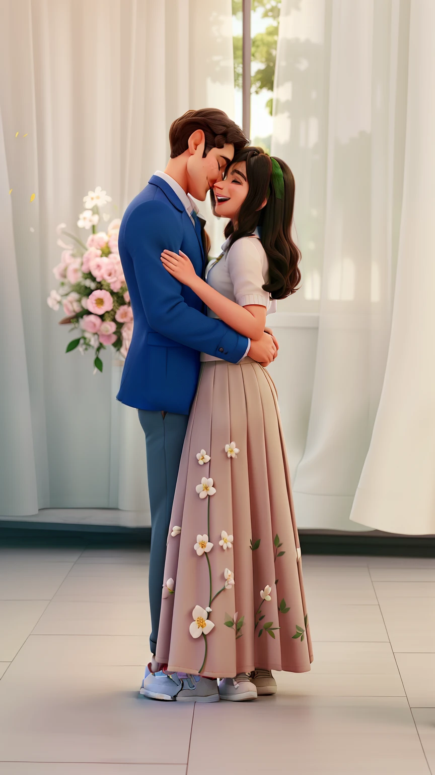 Couple hugging each other laughing and looking at each other. Man is wearing a formal shirt, Beige pants and white sneakers. The woman is wearing a green dress with white details. Both are on a wooden walkway with flowers next to them. Ao fundo, There are white tables and chairs, Above there are branches of a tree.