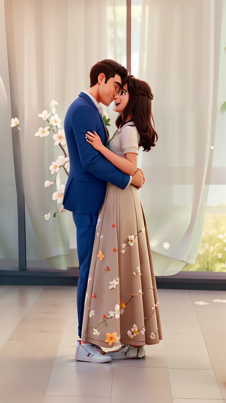 Couple hugging each other laughing and looking at each other. Man is wearing a formal shirt, Beige pants and white sneakers. The woman is wearing a green dress with white details. Both are on a wooden walkway with flowers next to them. Ao fundo, There are white tables and chairs, Above there are branches of a tree.
