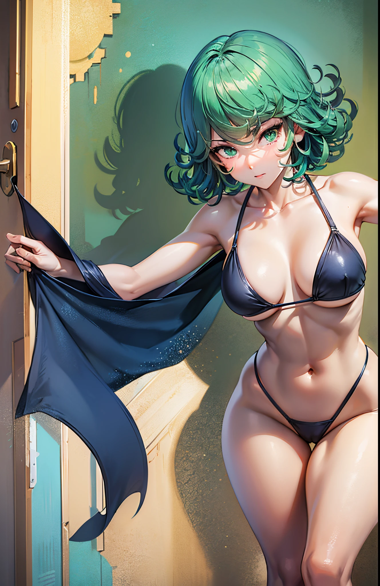 (masterpiece, best quality: 1.2), solo, 1girl, tatsumaki, lustful, closed mouth, looking at viewer, ass, wide hips, short bikini, standing, legs open, blue sky, erotic, full body photo , medium breasts