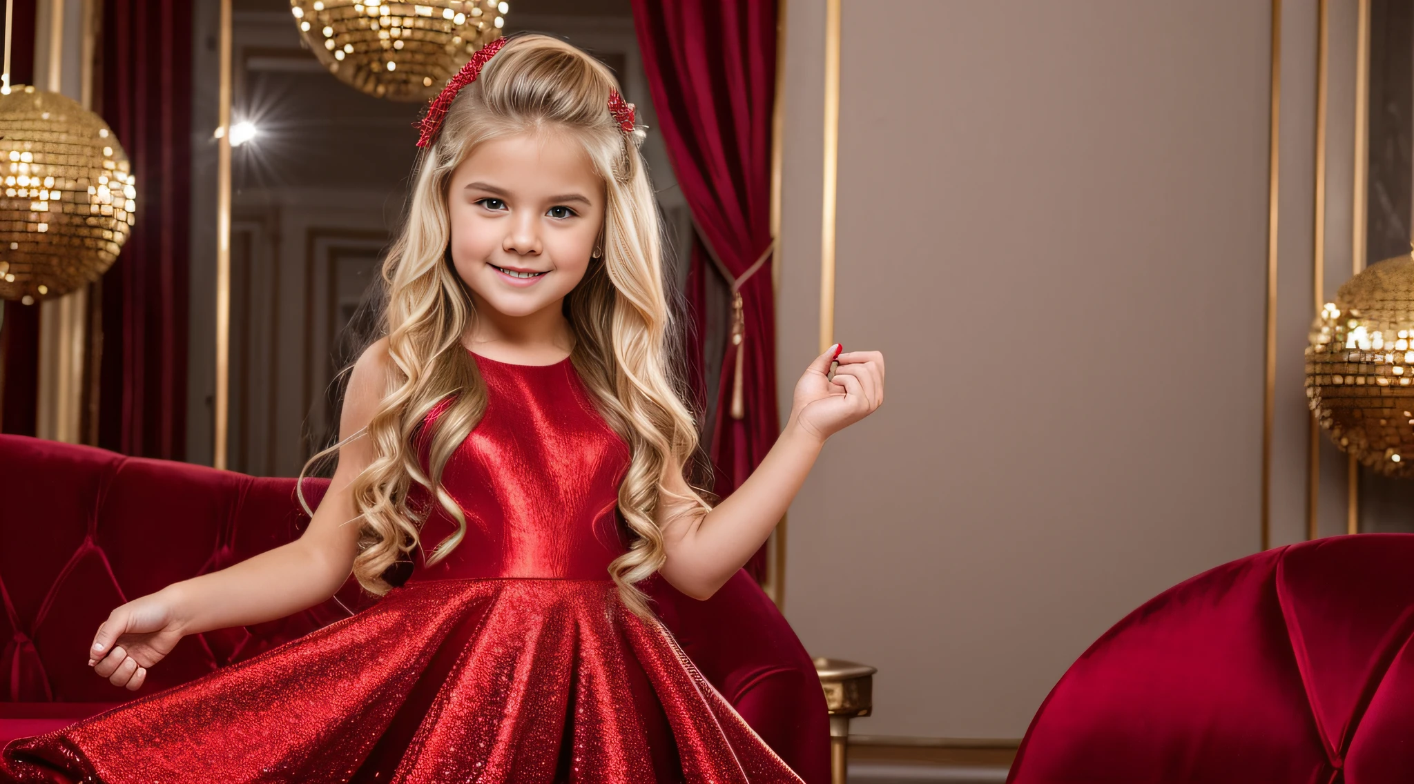 a close-up of a blonde  with long hair, BIG BALL OF electrified ICE IN HANDS. posando na frente de bolas de discoteca em uma sala, child wears a red dress, pose de glamour, fazendo uma pose elegante, posar para uma foto, em um vestido vermelho, usando um vestido vermelho, em estilo glamoroso, bola de discoteca ao fundo, modelo jovem bonita, usando um vestido cintilante, Photo of a promotional session, Retrato no meio da foto, vestindo trajes formais vermelhos